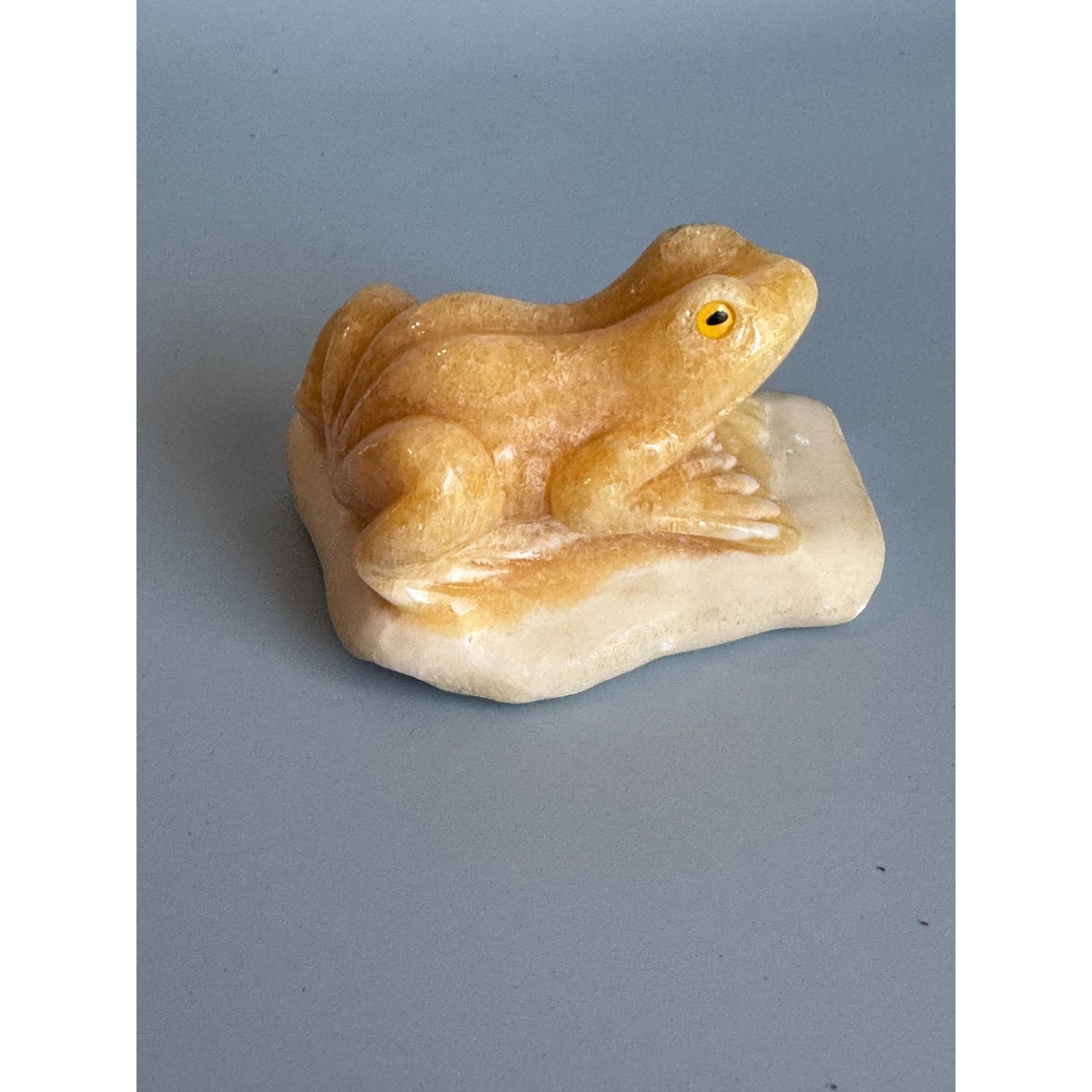 Carved Calcite Frog Figurine 3" Long Handcrafted Natural Stone Sculpture Yellow & Cream Home Decor Collectible