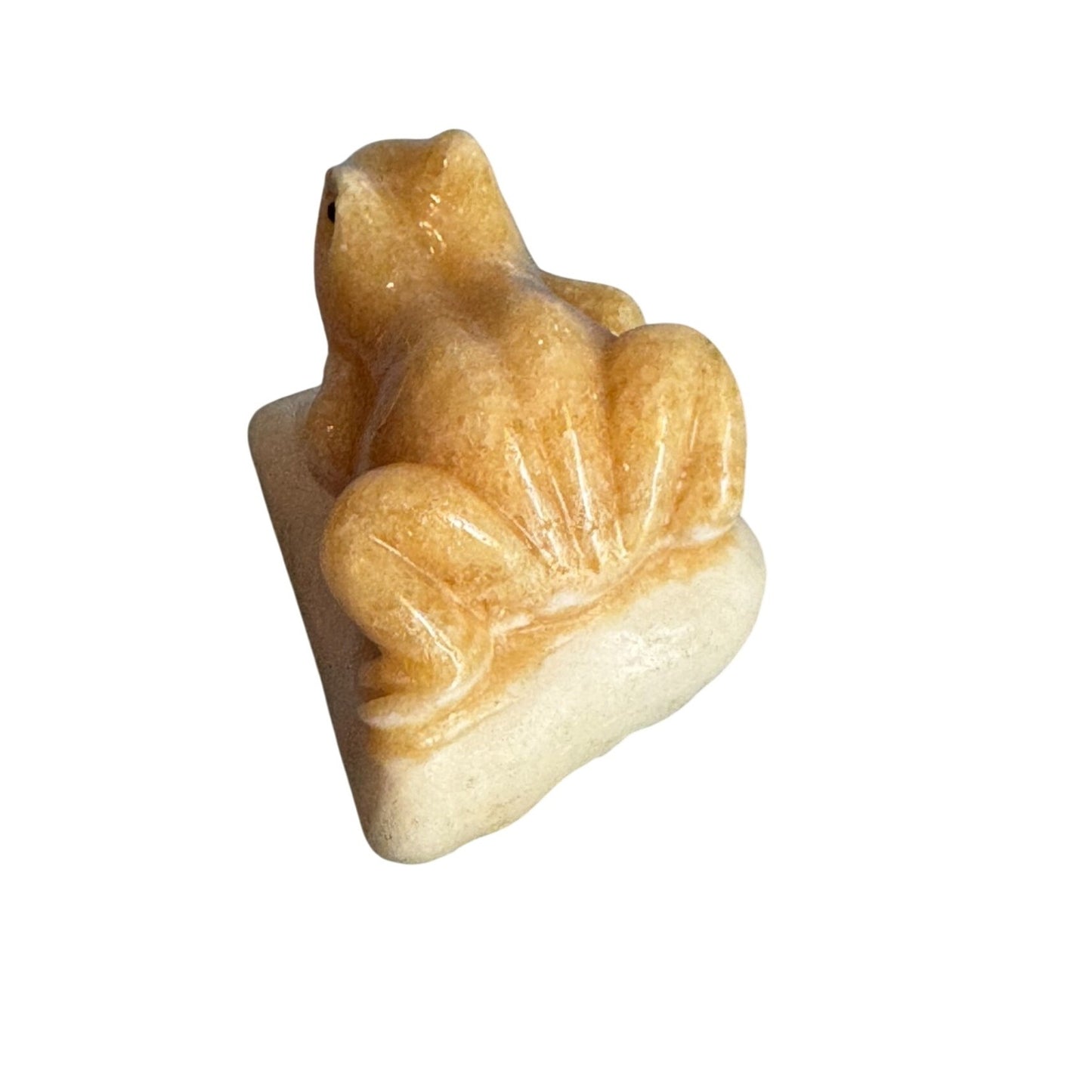 Carved Calcite Frog Figurine 3" Long Handcrafted Natural Stone Sculpture Yellow & Cream Home Decor Collectible