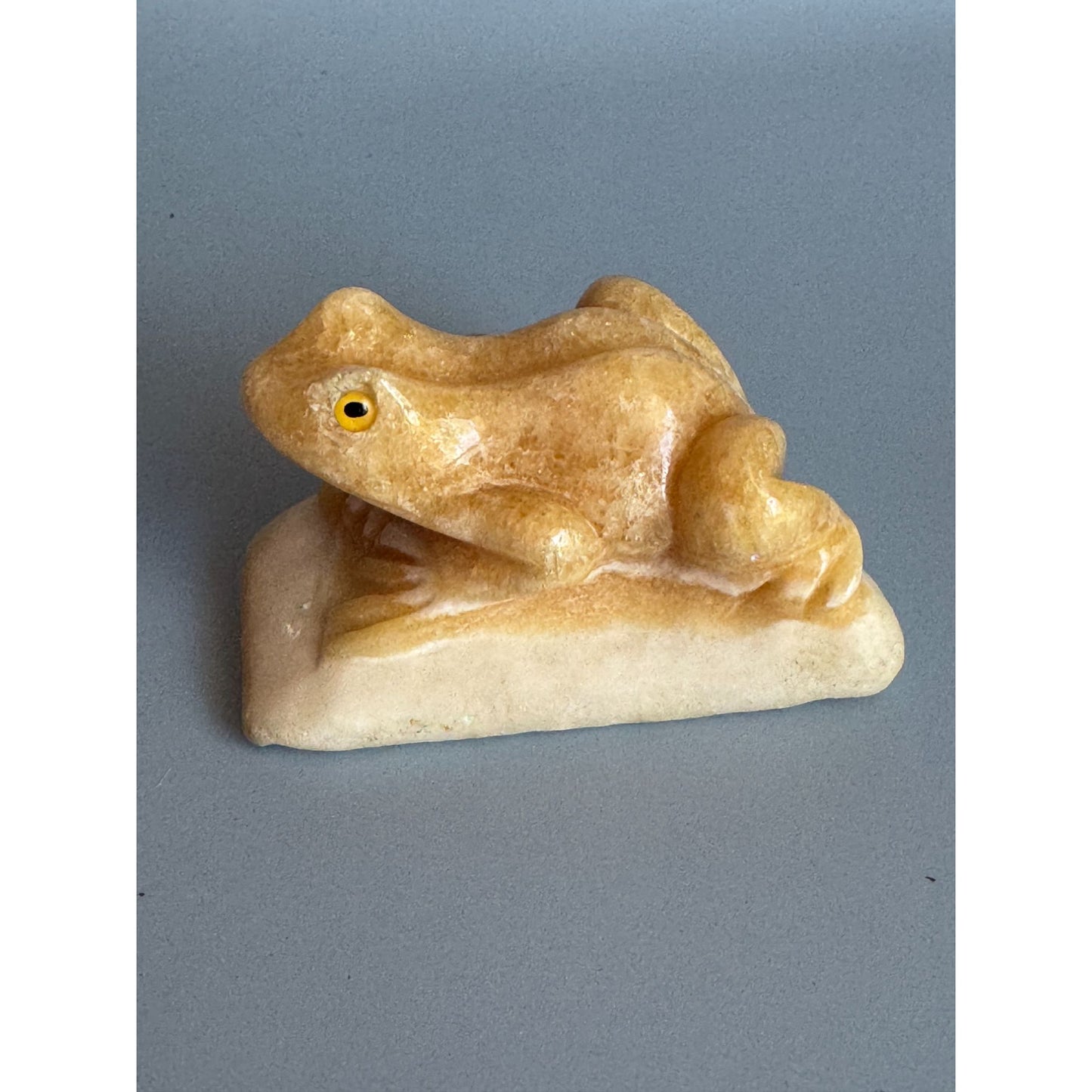 Carved Calcite Frog Figurine 3" Long Handcrafted Natural Stone Sculpture Yellow & Cream Home Decor Collectible