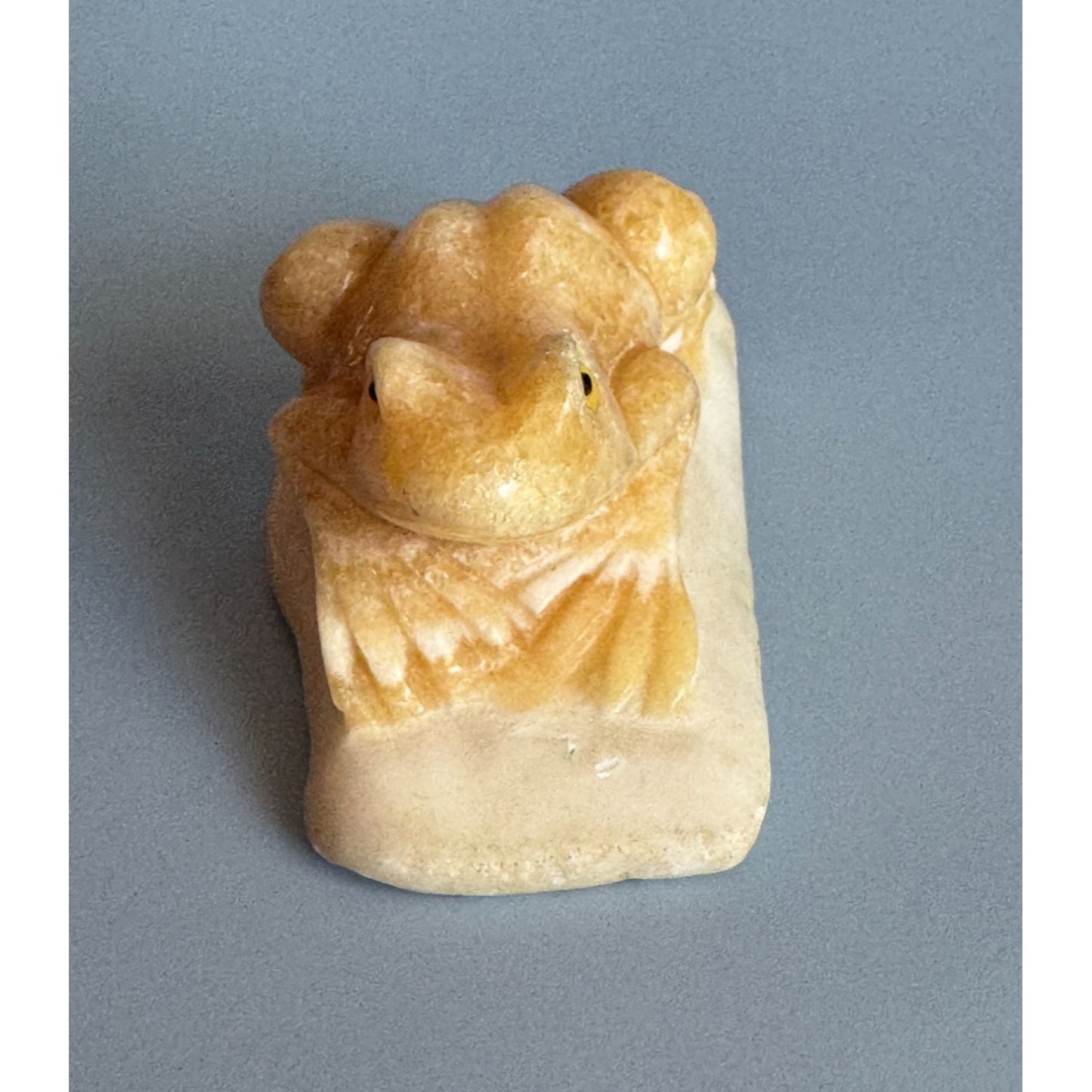 Carved Calcite Frog Figurine 3" Long Handcrafted Natural Stone Sculpture Yellow & Cream Home Decor Collectible