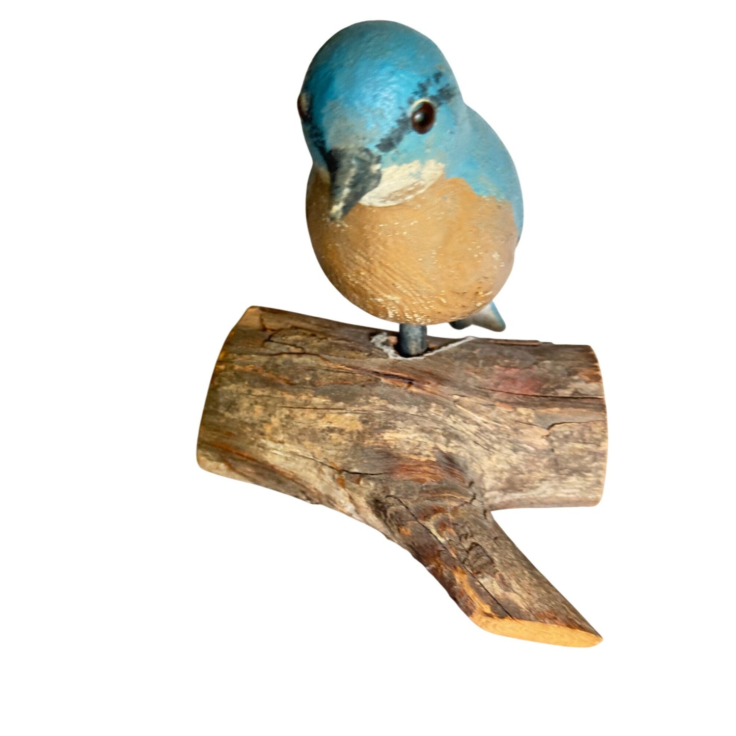 Hand-Carved Folk Art Bluebird On Rustic Wooden Perch Signed JLB 1987 5" Decor