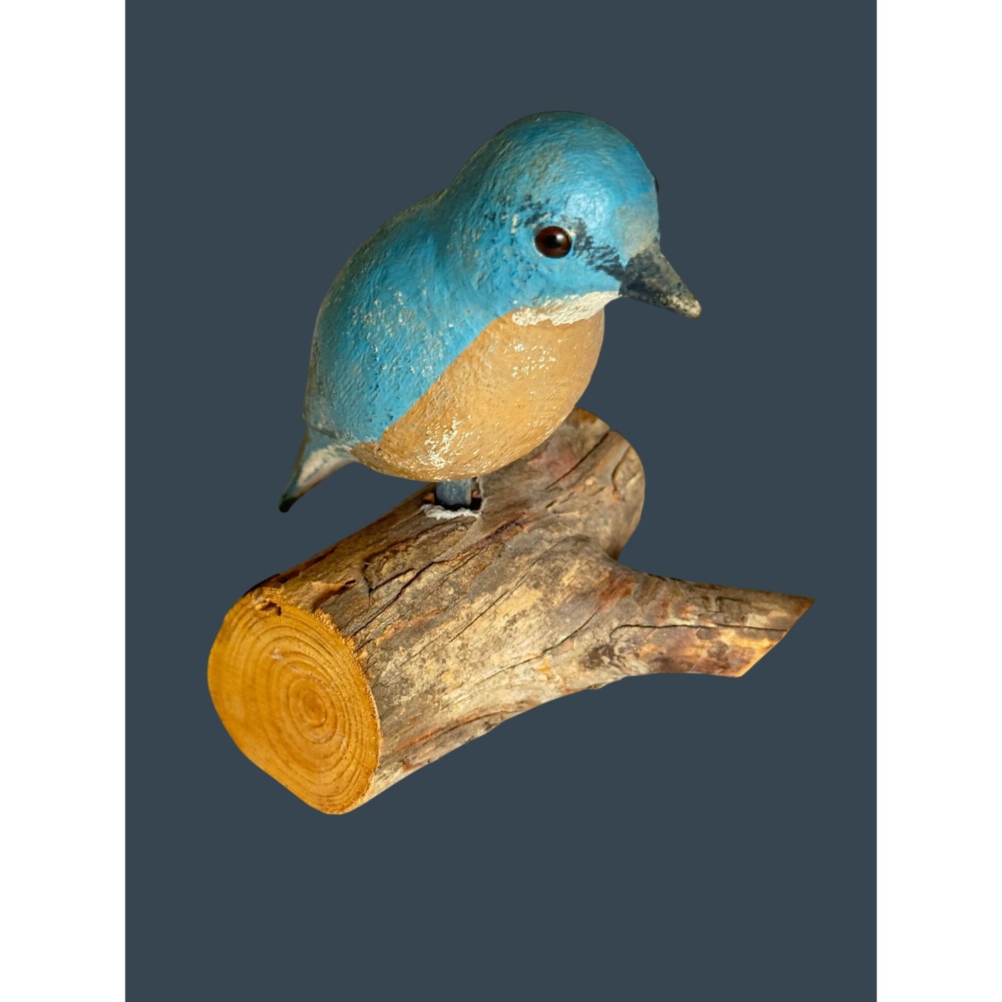 Hand-Carved Folk Art Bluebird On Rustic Wooden Perch Signed JLB 1987 5" Decor