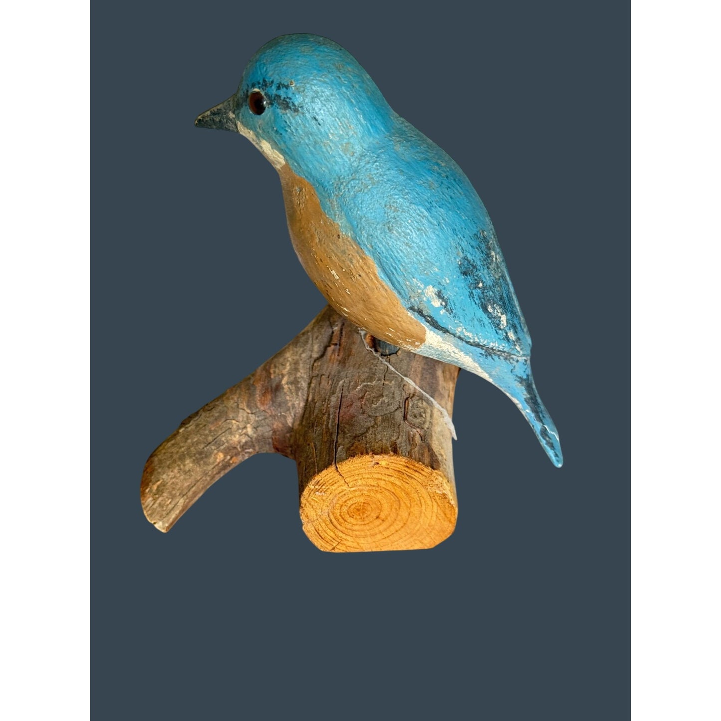 Hand-Carved Folk Art Bluebird On Rustic Wooden Perch Signed JLB 1987 5" Decor