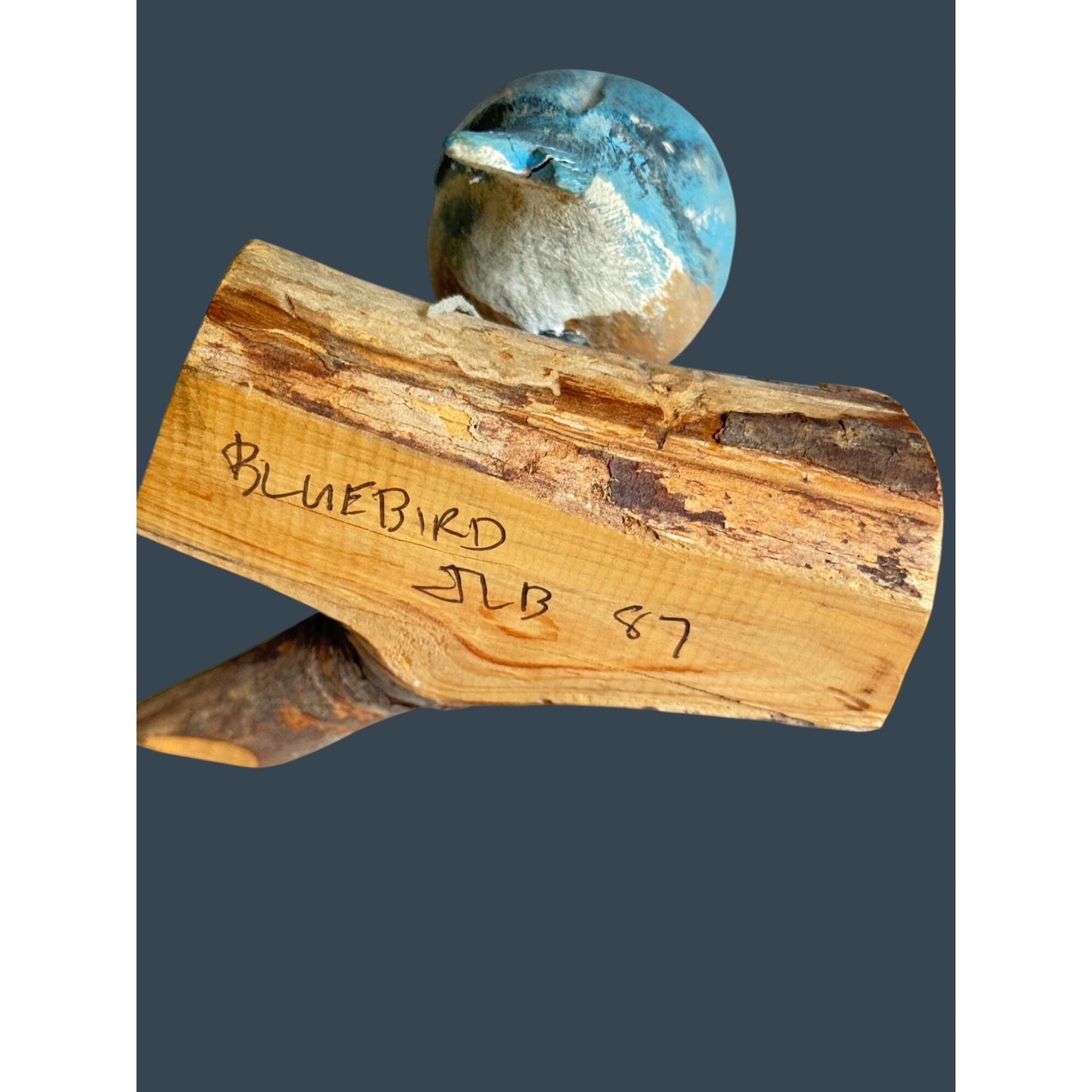 Hand-Carved Folk Art Bluebird On Rustic Wooden Perch Signed JLB 1987 5" Decor