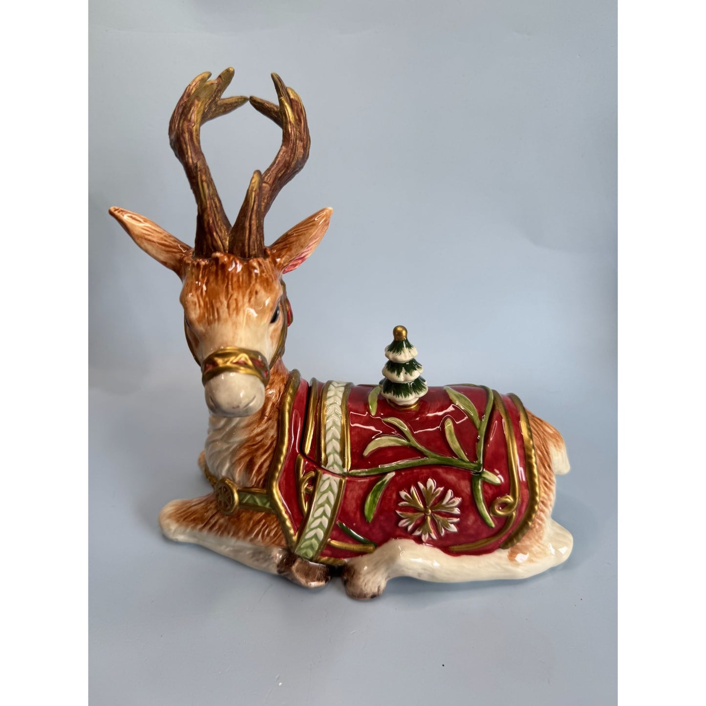 Fitz & Floyd Winter Holiday Santa Deer Lidded Reindeer Jar With Box