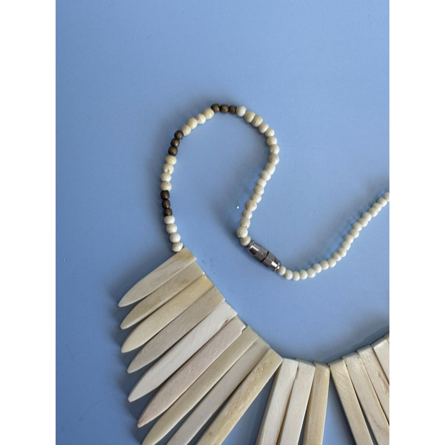 Natural Cow Bone Beaded Tribal-Inspired Necklace With Pointed Pendant Design & Adjustable Length