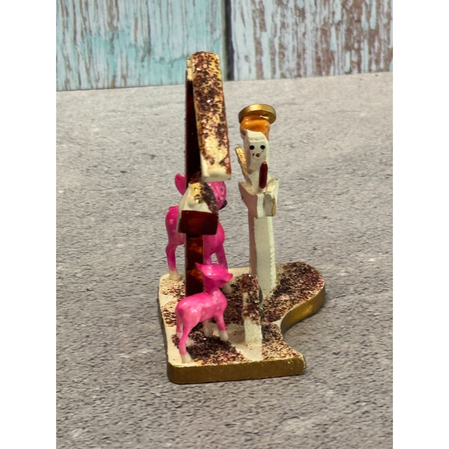 Vintage Japan Christmas Nativity Figurine Pink Deer Angel Gold Base Rare Novelty