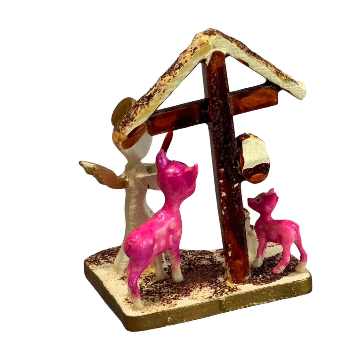 Vintage Japan Christmas Nativity Figurine Pink Deer Angel Gold Base Rare Novelty