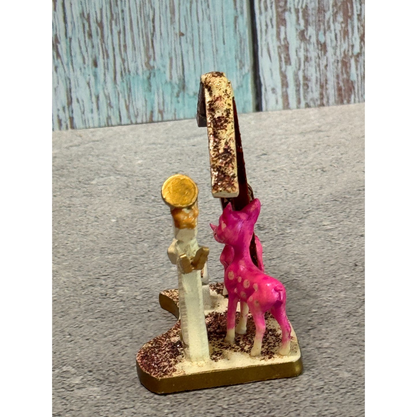 Vintage Japan Christmas Nativity Figurine Pink Deer Angel Gold Base Rare Novelty