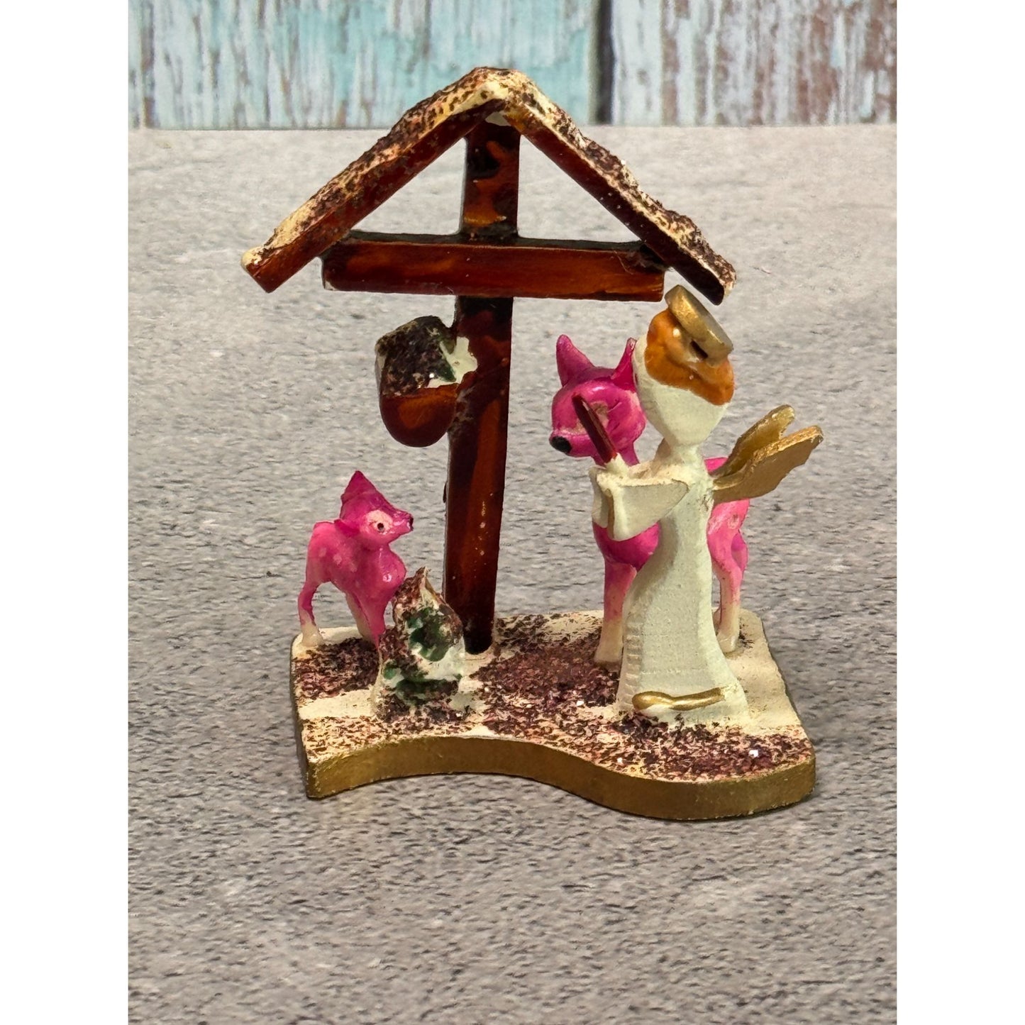 Vintage Japan Christmas Nativity Figurine Pink Deer Angel Gold Base Rare Novelty