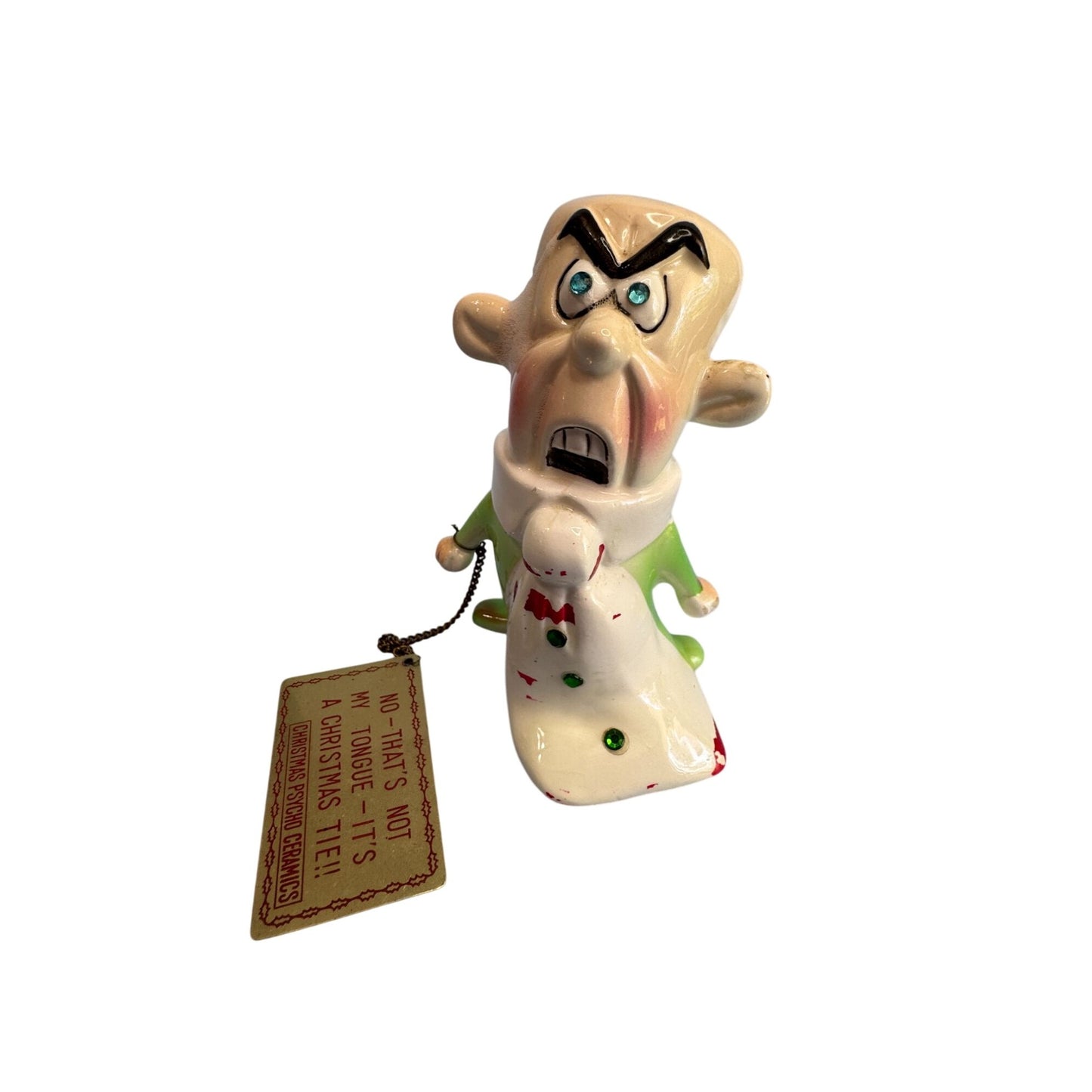 Rare Kreiss Psycho Ceramics Xmas Figurine w/ Sign Christmas Tie 1960s Japan 5"