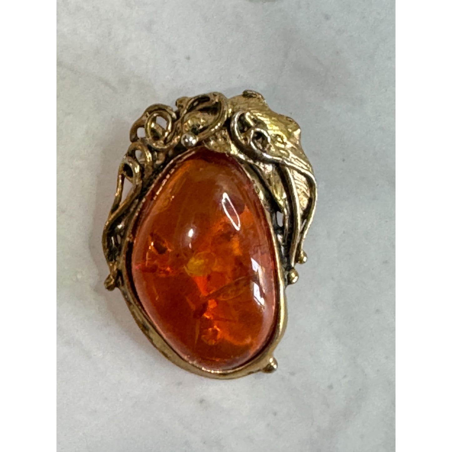 Vintage Goldplated Amber Brooch 2" Oval Shape With Intricate Design