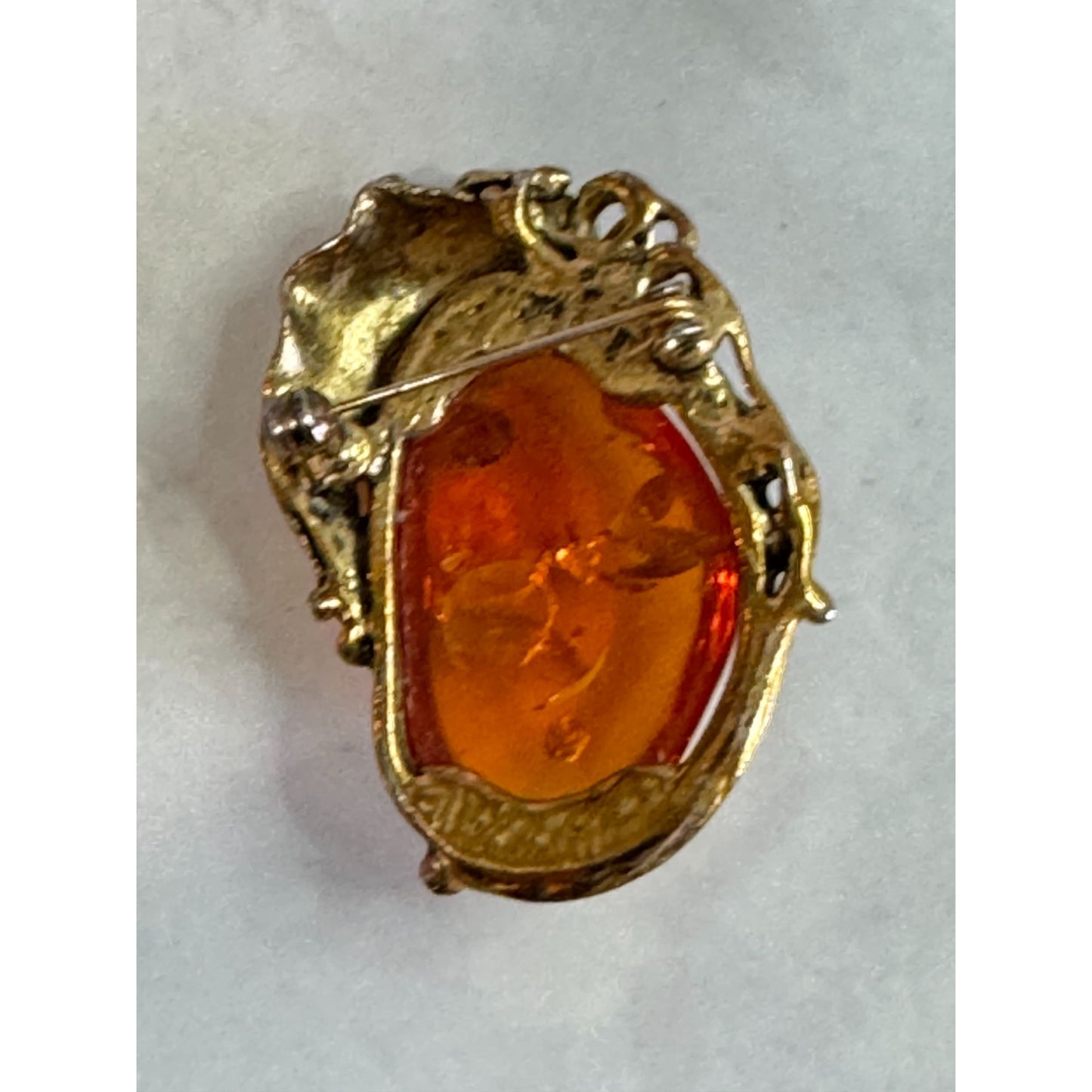 Vintage Goldplated Amber Brooch 2" Oval Shape With Intricate Design