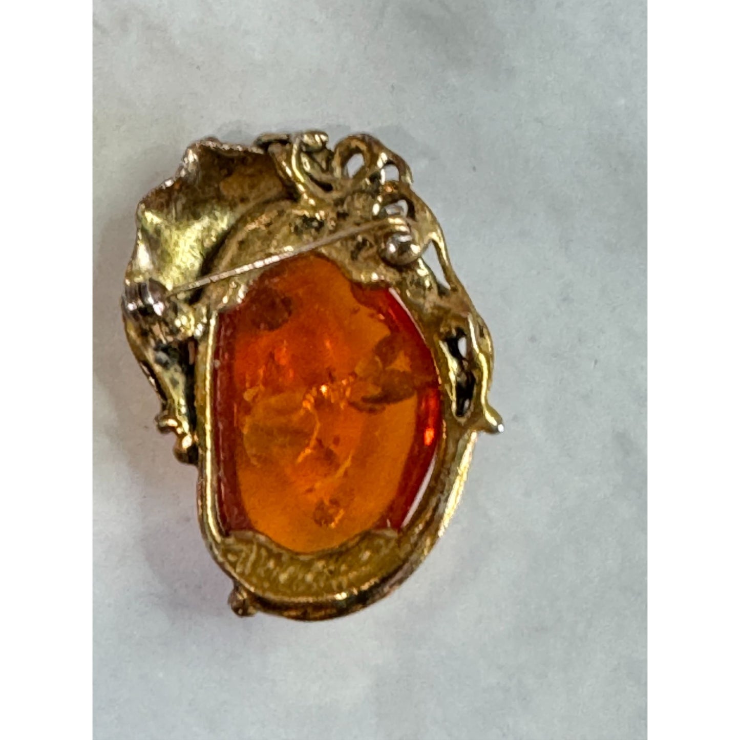 Vintage Goldplated Amber Brooch 2" Oval Shape With Intricate Design