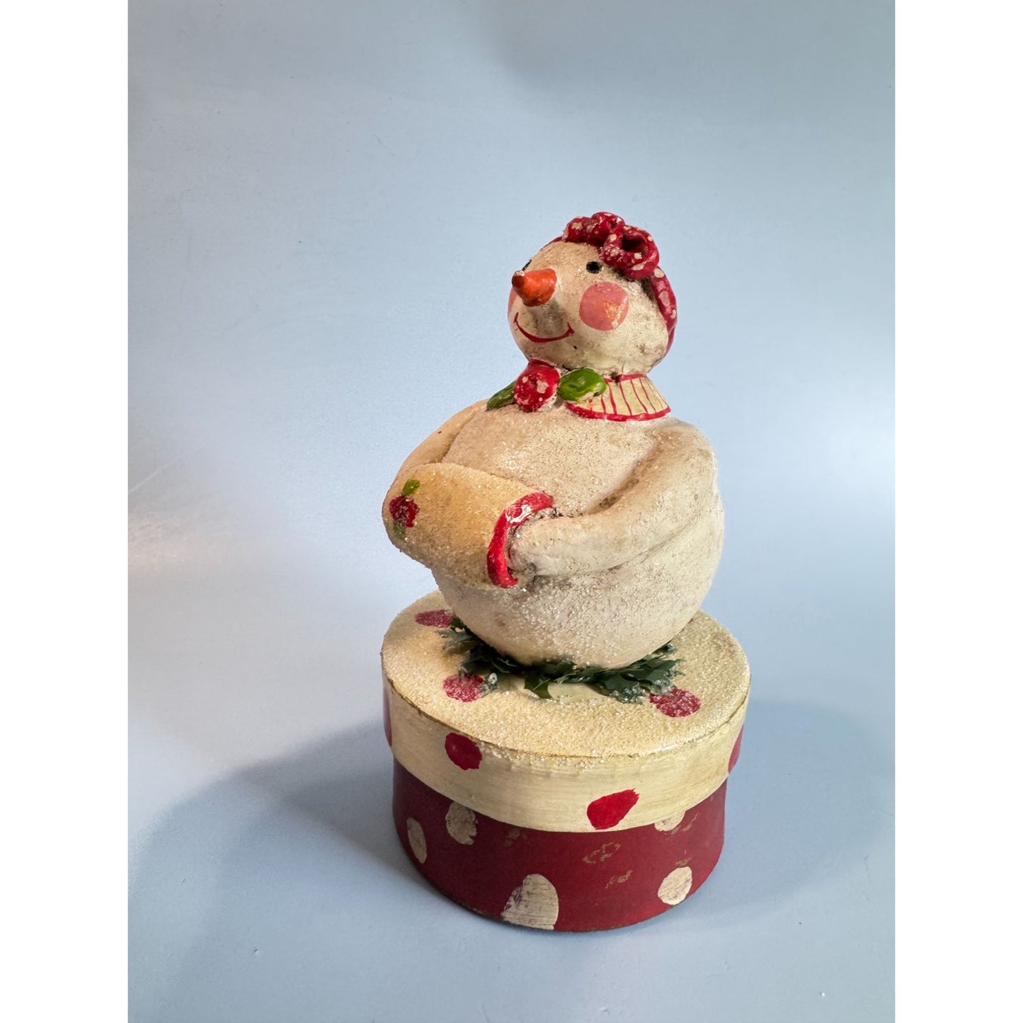 Vintage Penny Mcallister Paper Mache Snowgirl Box Christmas Figurine Folk Art 7"