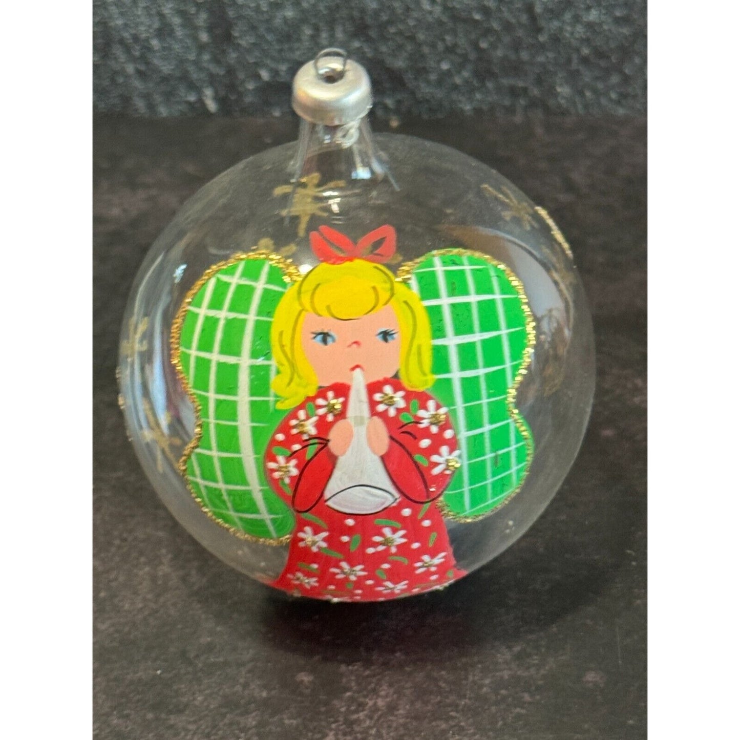 Vintage Soffieria De Carlini Italy Painted Angel Playing Trumpet Glass Ornament
