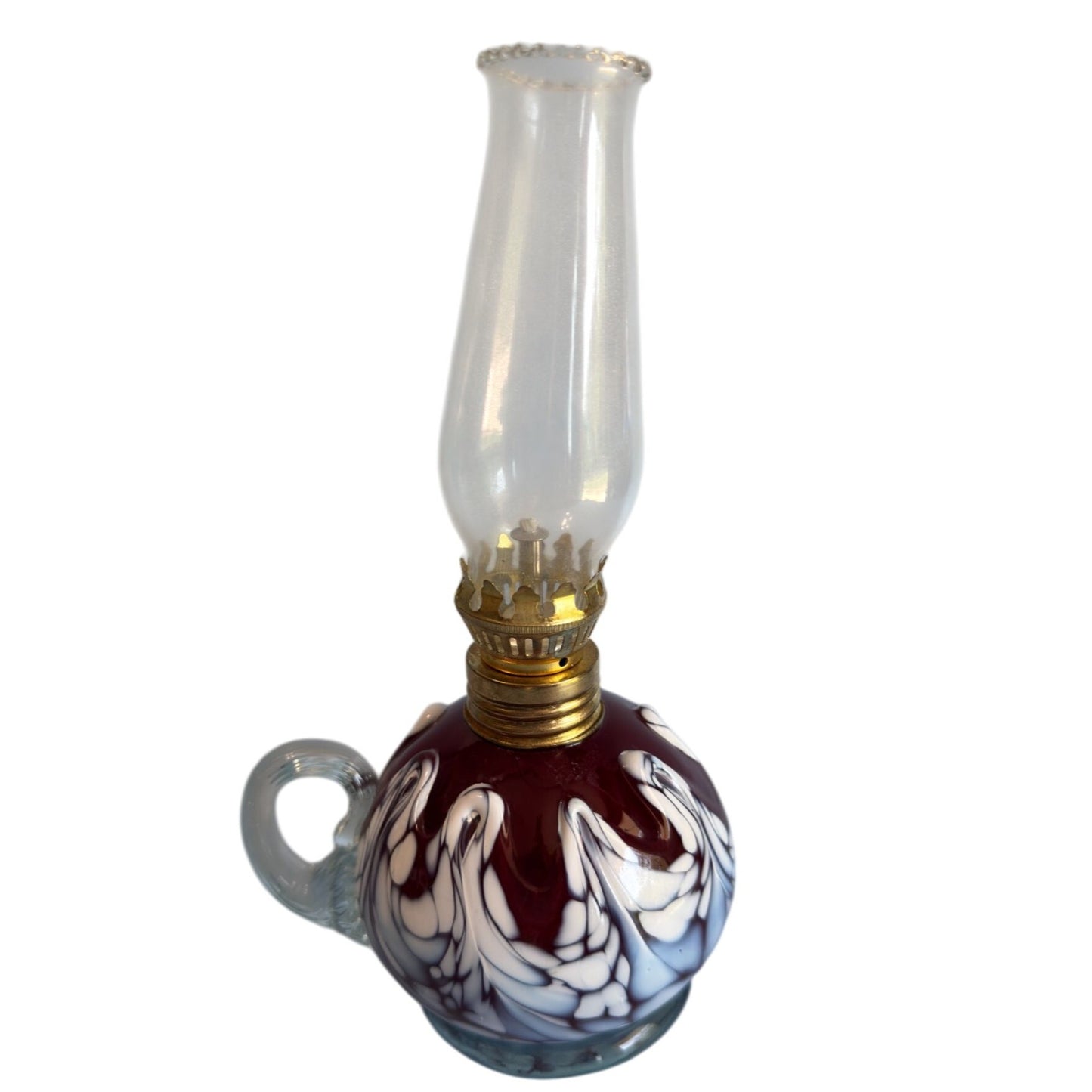 Mt St Helens Original Glass Oil Lamp 9 In White Blue Red Swirl Pattern