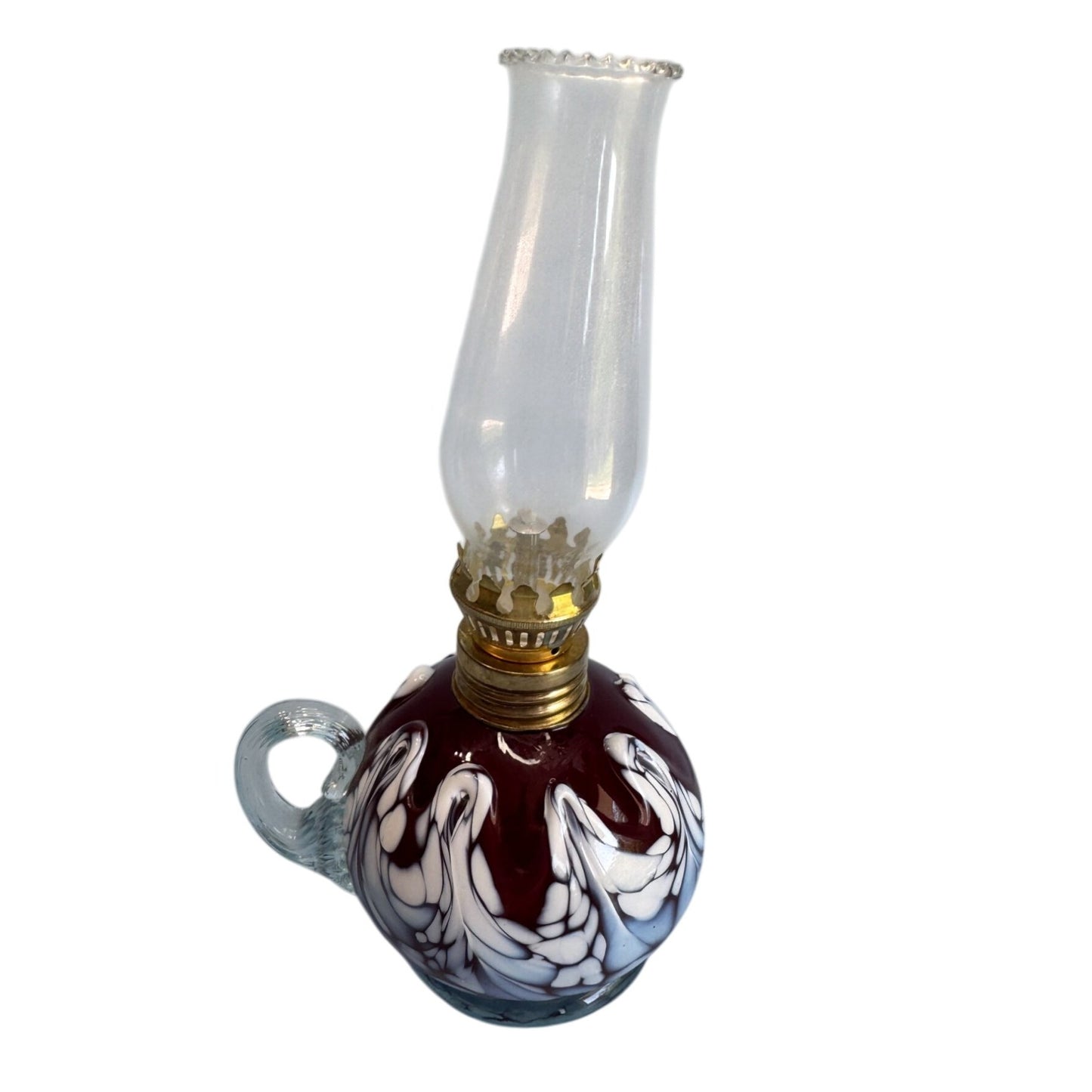 Mt St Helens Original Glass Oil Lamp 9 In White Blue Red Swirl Pattern