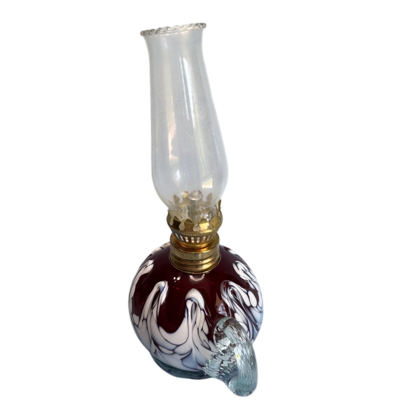 Mt St Helens Original Glass Oil Lamp 9 In White Blue Red Swirl Pattern