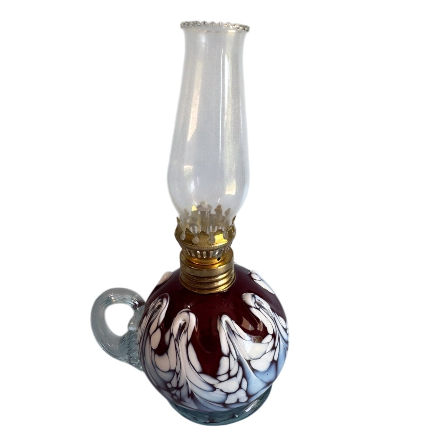 Mt St Helens Original Glass Oil Lamp 9 In White Blue Red Swirl Pattern