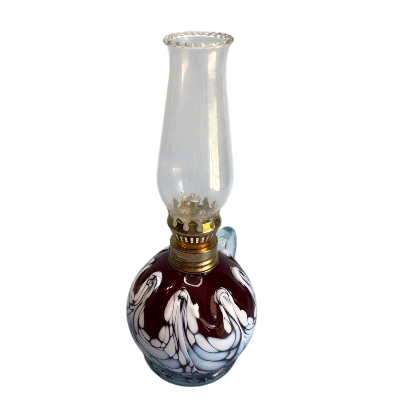 Mt St Helens Original Glass Oil Lamp 9 In White Blue Red Swirl Pattern