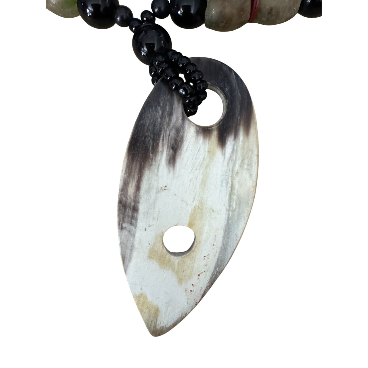 Ethnic Tribal Prehnite & Tagua Nut Beaded Necklace With Glass Accents