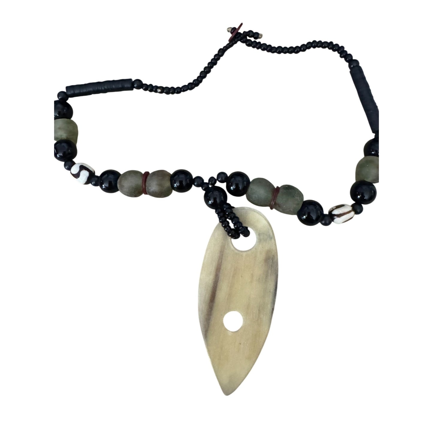 Ethnic Tribal Prehnite & Tagua Nut Beaded Necklace With Glass Accents