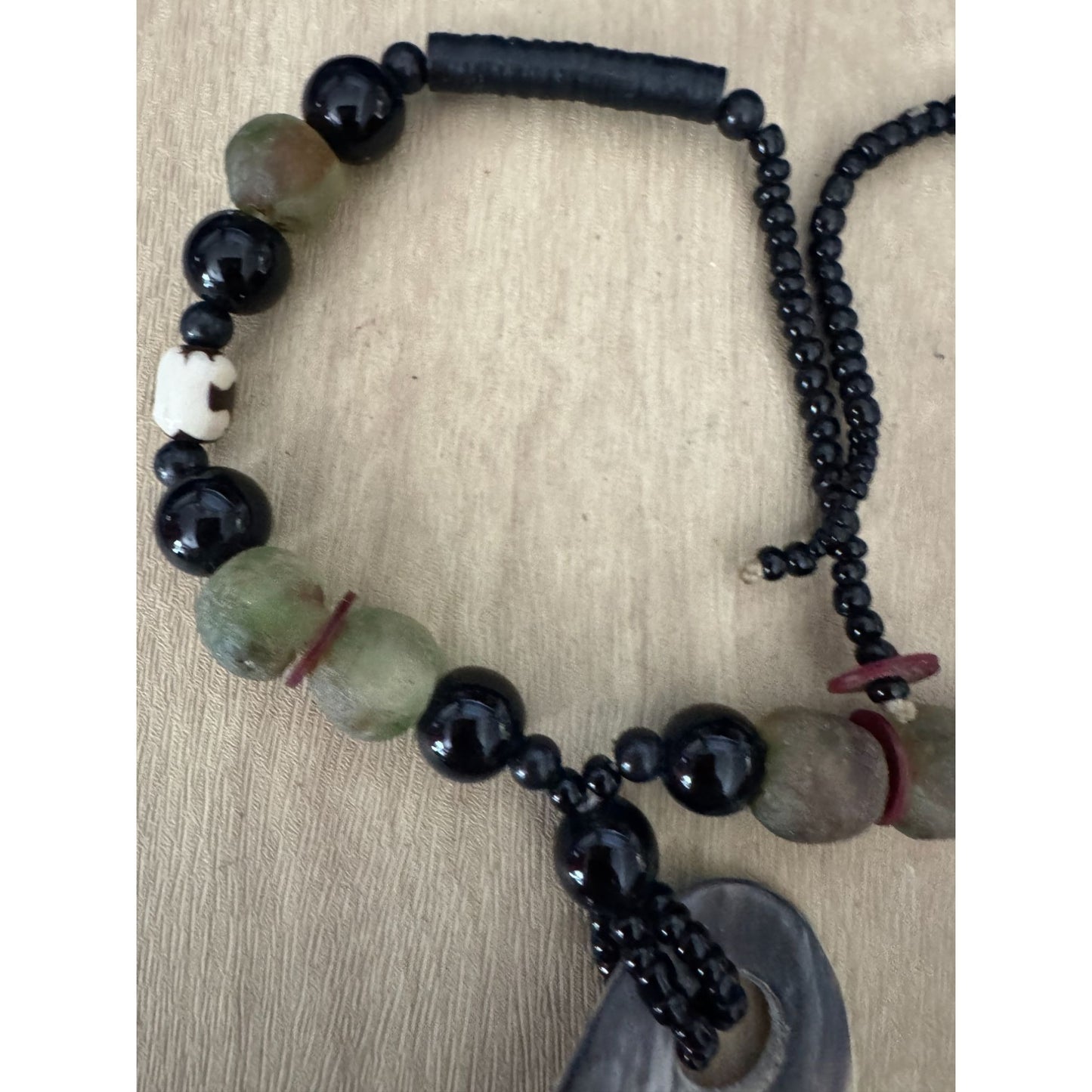 Ethnic Tribal Prehnite & Tagua Nut Beaded Necklace With Glass Accents