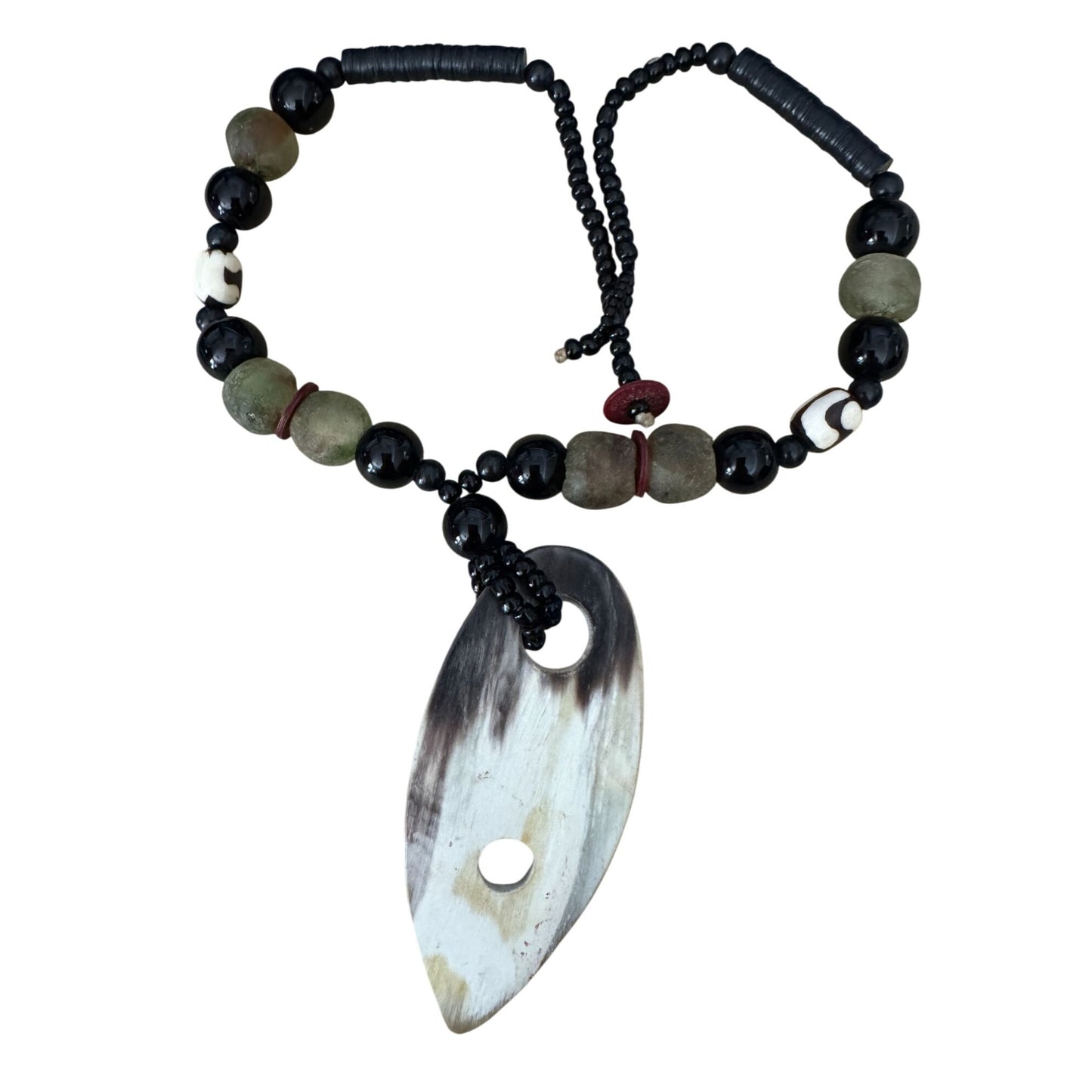 Ethnic Tribal Prehnite & Tagua Nut Beaded Necklace With Glass Accents