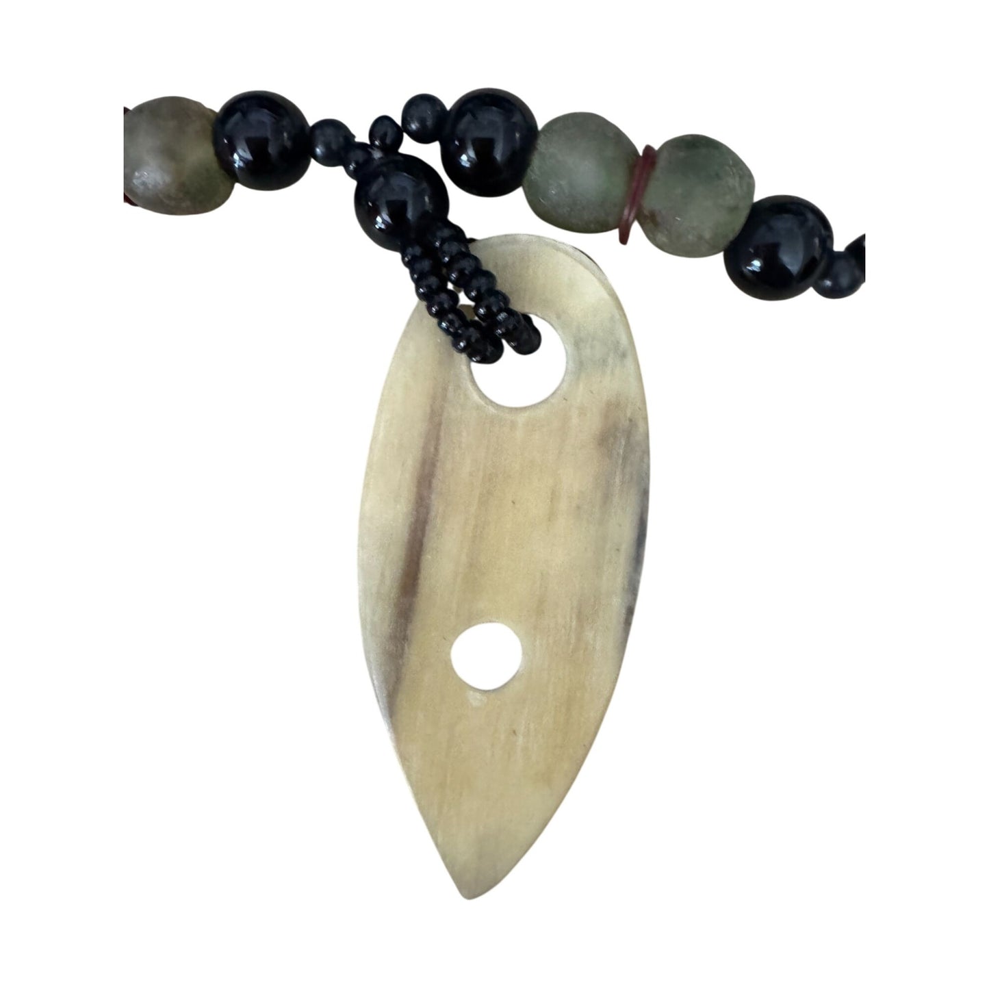 Ethnic Tribal Prehnite & Tagua Nut Beaded Necklace With Glass Accents