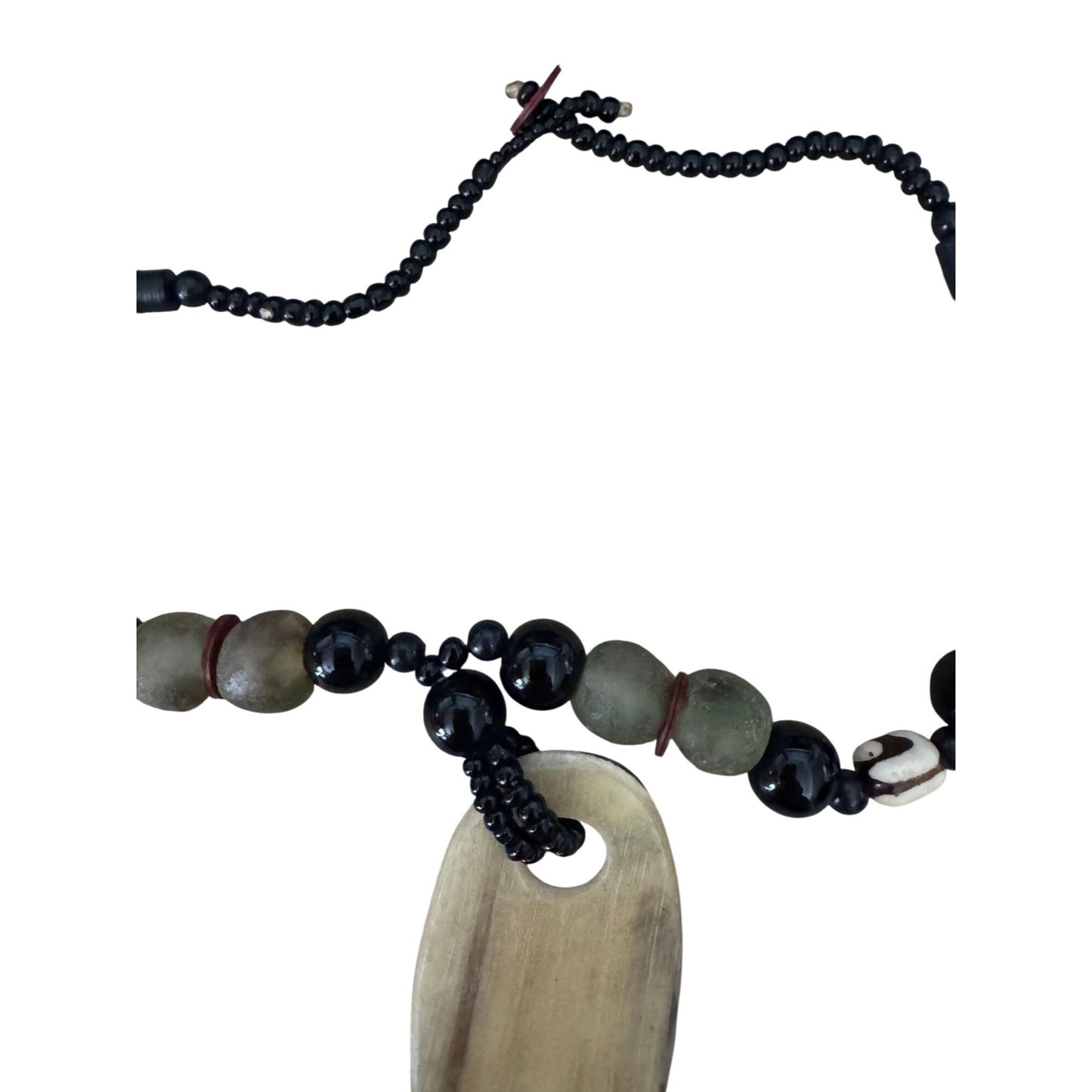 Ethnic Tribal Prehnite & Tagua Nut Beaded Necklace With Glass Accents
