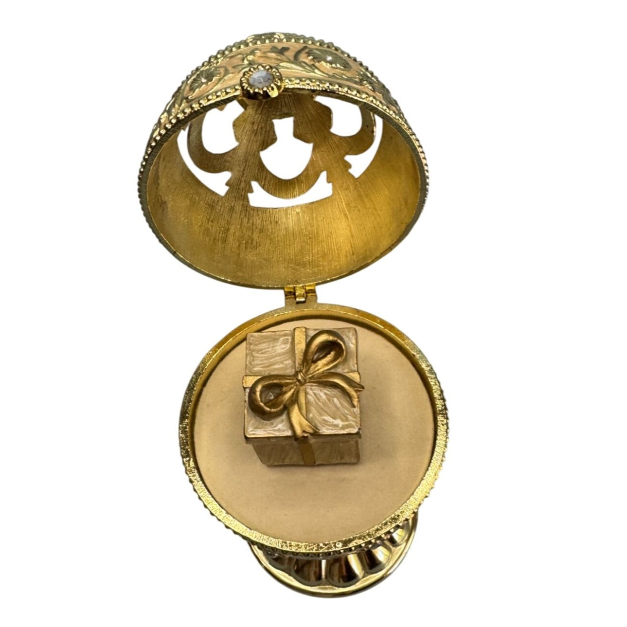 Jane Seymour Musical Box Egg Goldtone Metal Rotating 7 In St. Catherines Court