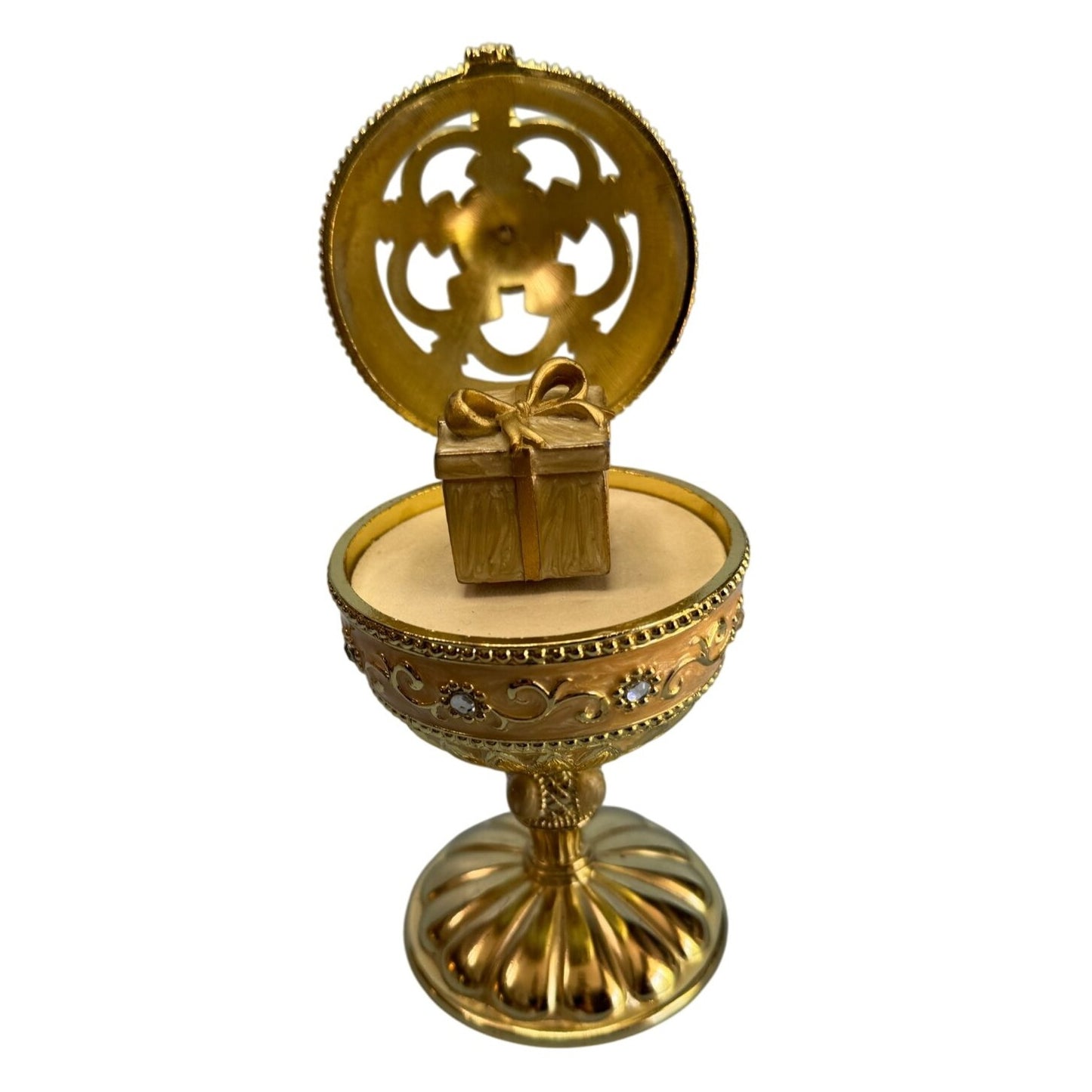 Jane Seymour Musical Box Egg Goldtone Metal Rotating 7 In St. Catherines Court