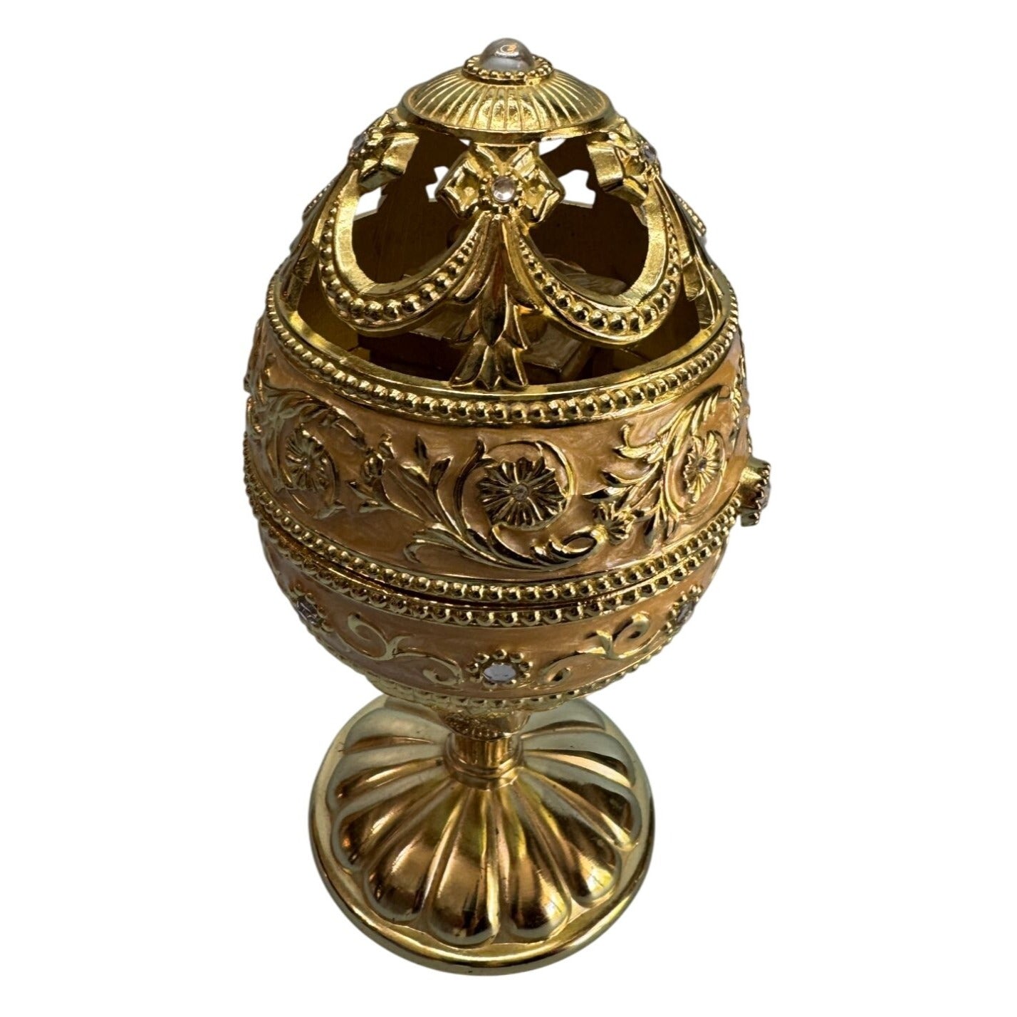 Jane Seymour Musical Box Egg Goldtone Metal Rotating 7 In St. Catherines Court