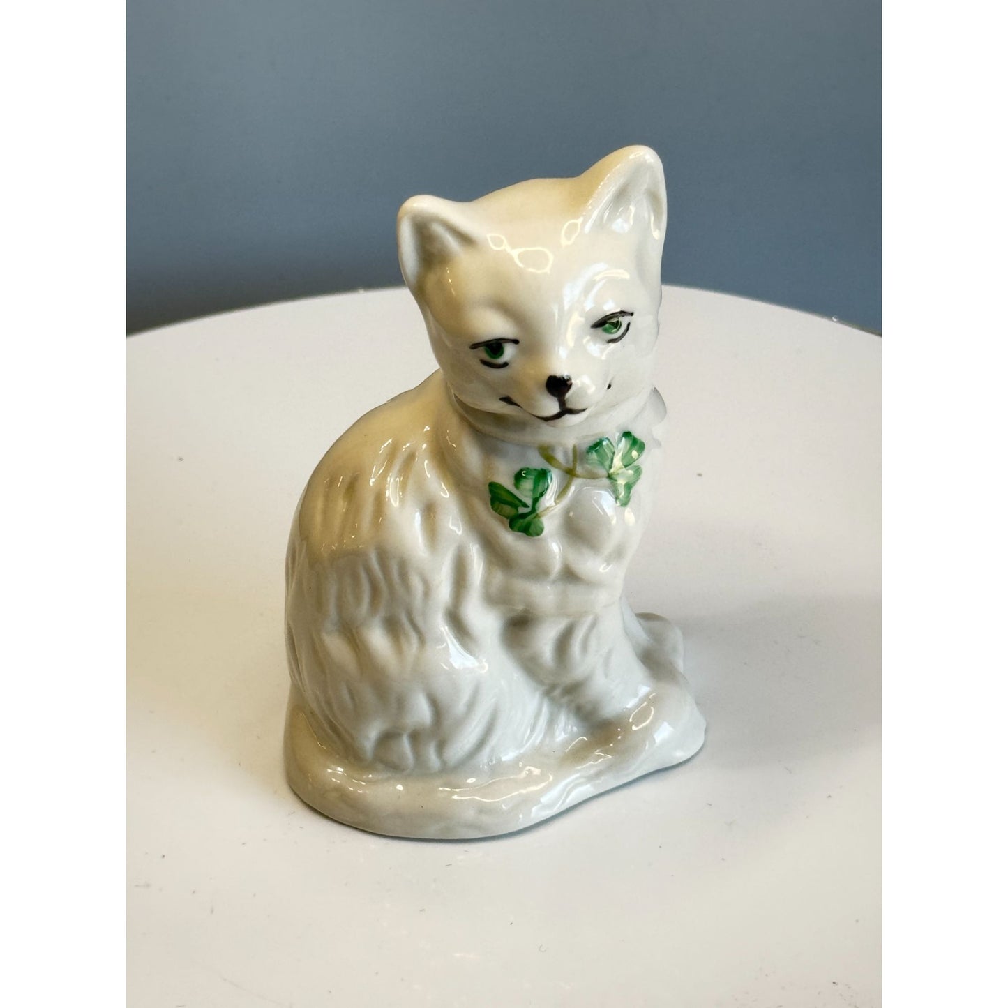 Belleek Irish Porcelain Cat Figurine Green Eyes Shamrock Bow Marked