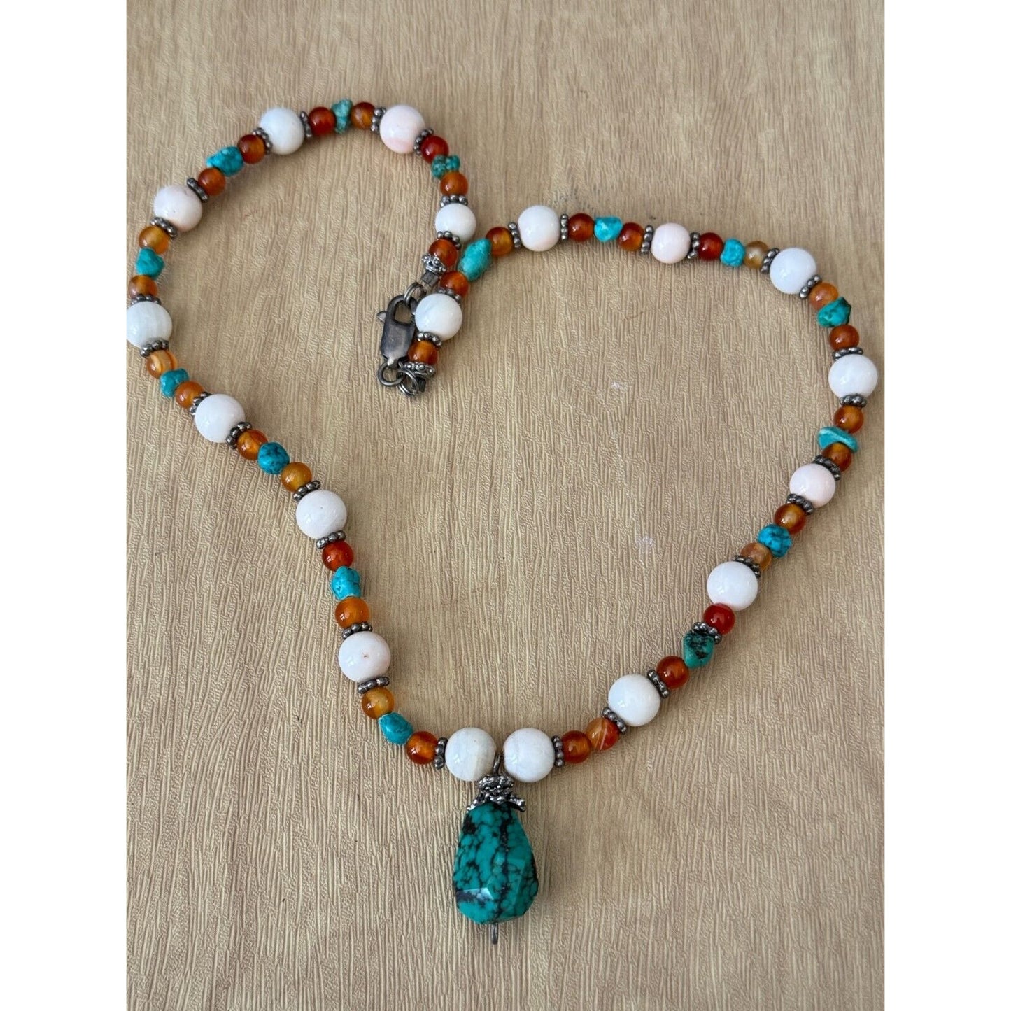 Vintage Long Beaded Necklace With Turquoise Pendant & Tiger Eye Beads
