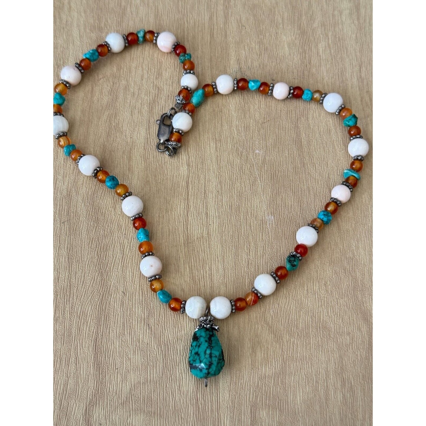 Vintage Long Beaded Necklace With Turquoise Pendant & Tiger Eye Beads