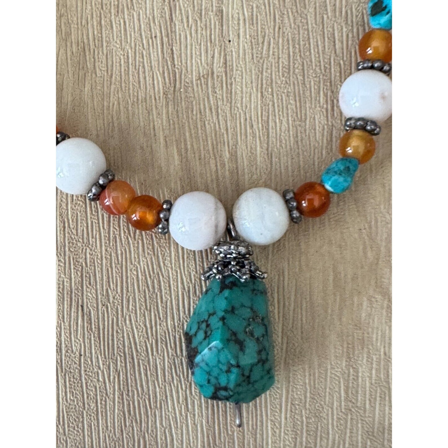 Vintage Long Beaded Necklace With Turquoise Pendant & Tiger Eye Beads