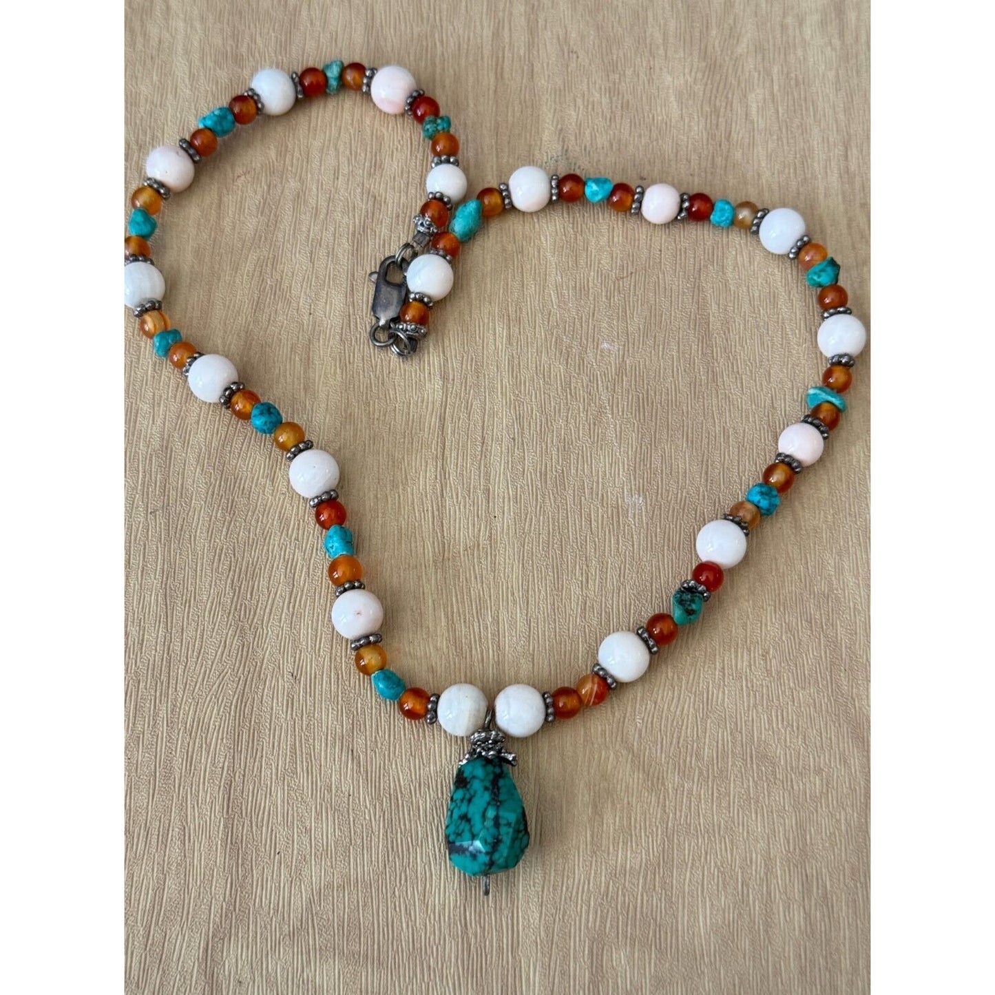 Vintage Long Beaded Necklace With Turquoise Pendant & Tiger Eye Beads