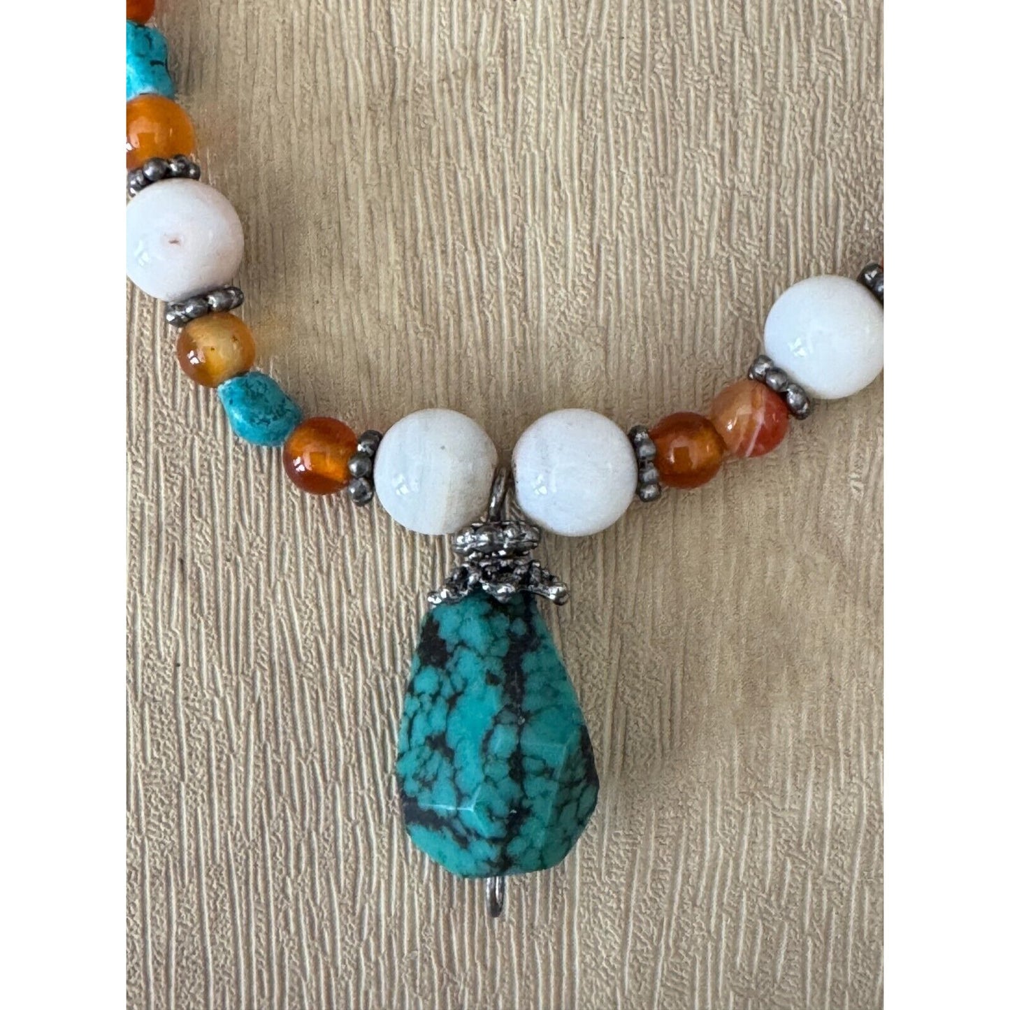Vintage Long Beaded Necklace With Turquoise Pendant & Tiger Eye Beads