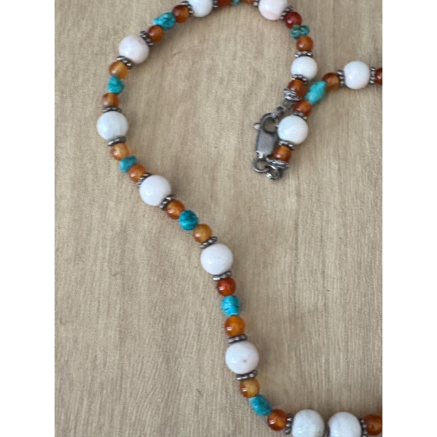 Vintage Long Beaded Necklace With Turquoise Pendant & Tiger Eye Beads