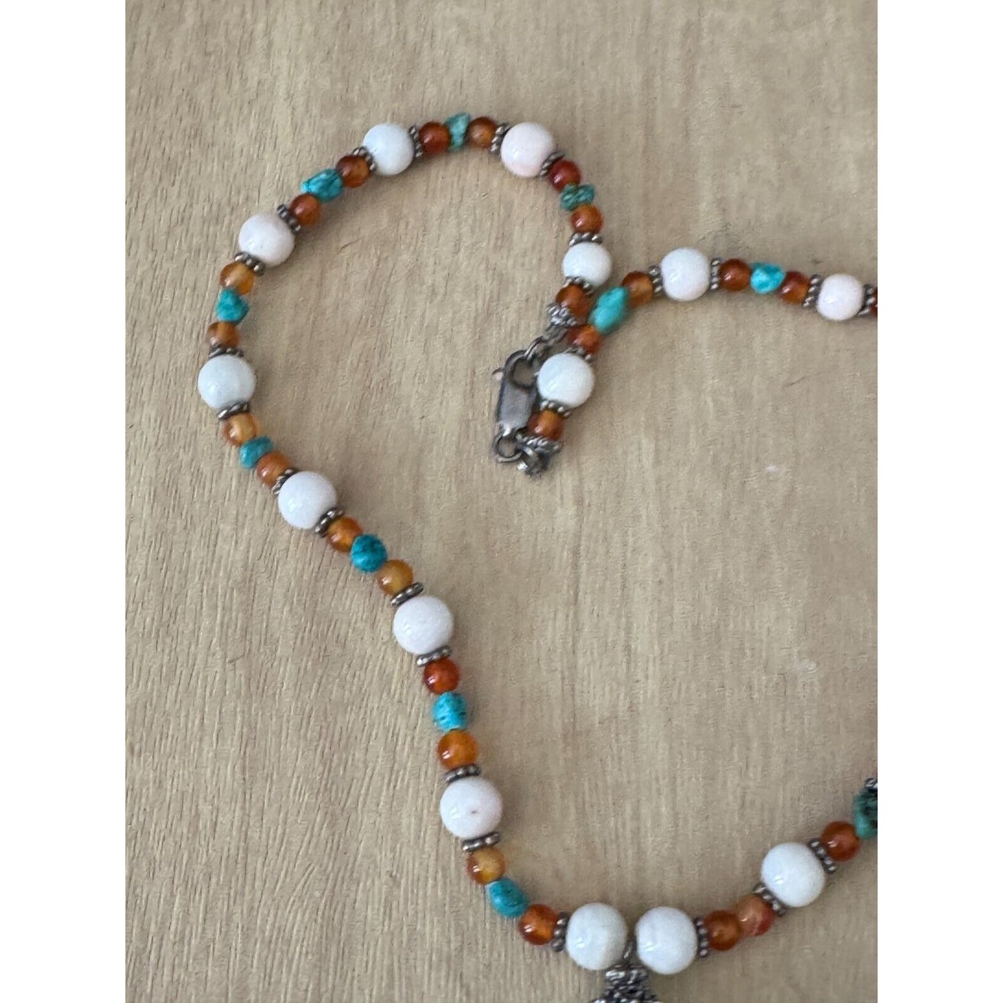 Vintage Long Beaded Necklace With Turquoise Pendant & Tiger Eye Beads