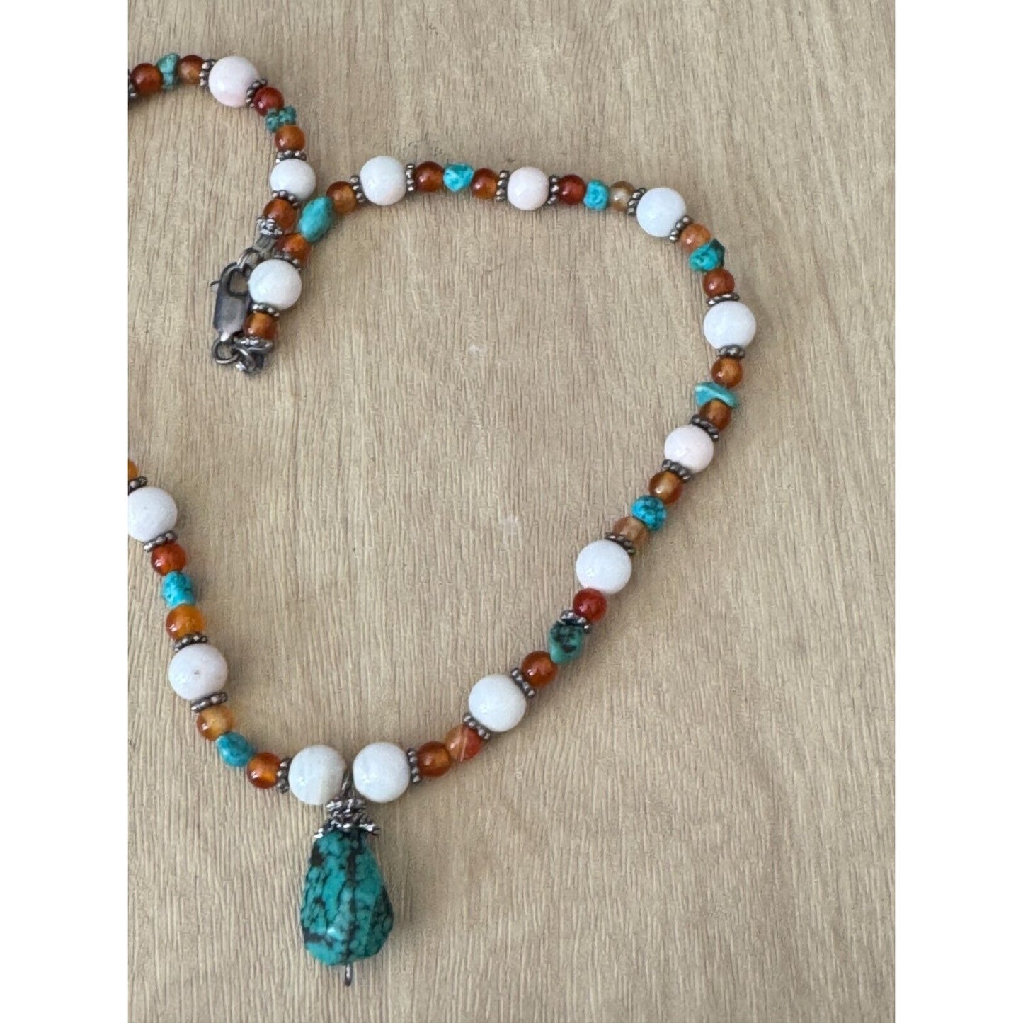 Vintage Long Beaded Necklace With Turquoise Pendant & Tiger Eye Beads