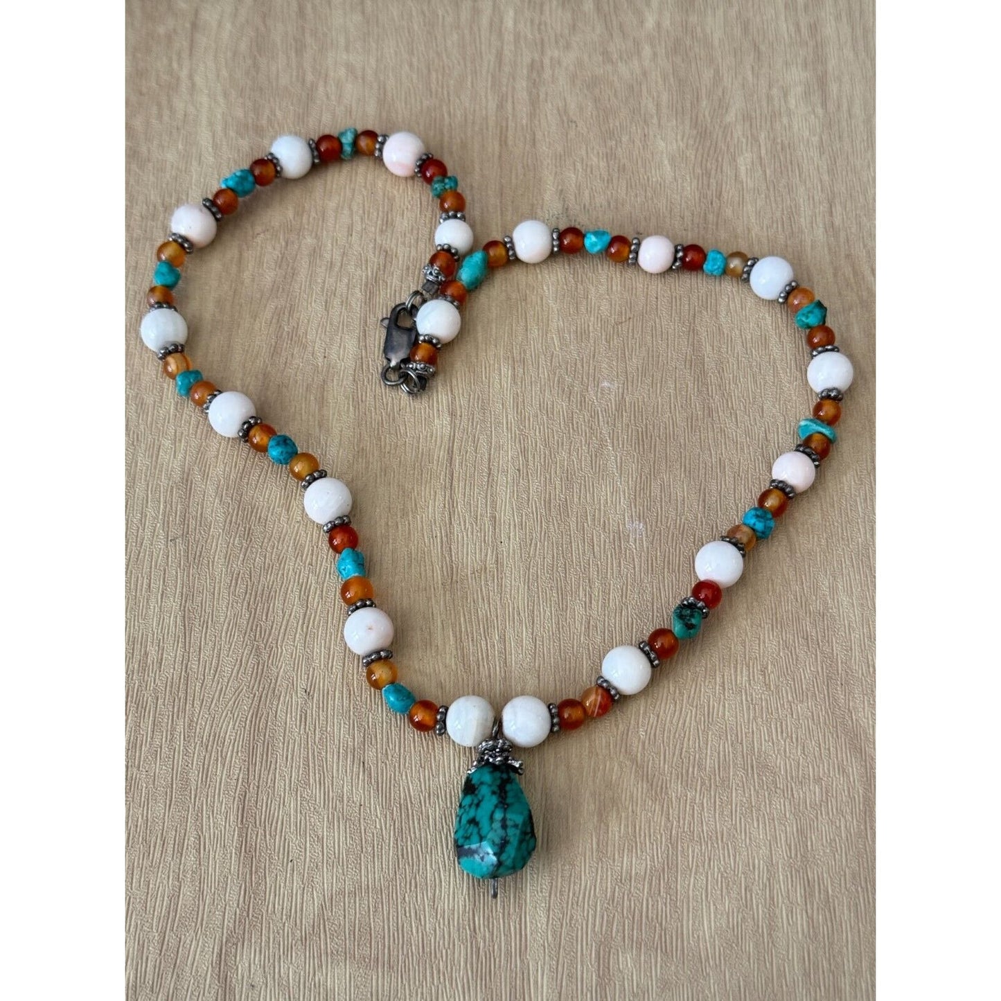 Vintage Long Beaded Necklace With Turquoise Pendant & Tiger Eye Beads