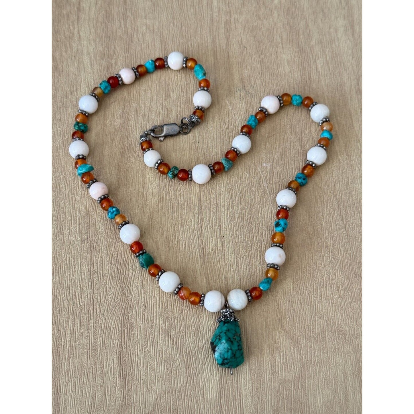 Vintage Long Beaded Necklace With Turquoise Pendant & Tiger Eye Beads