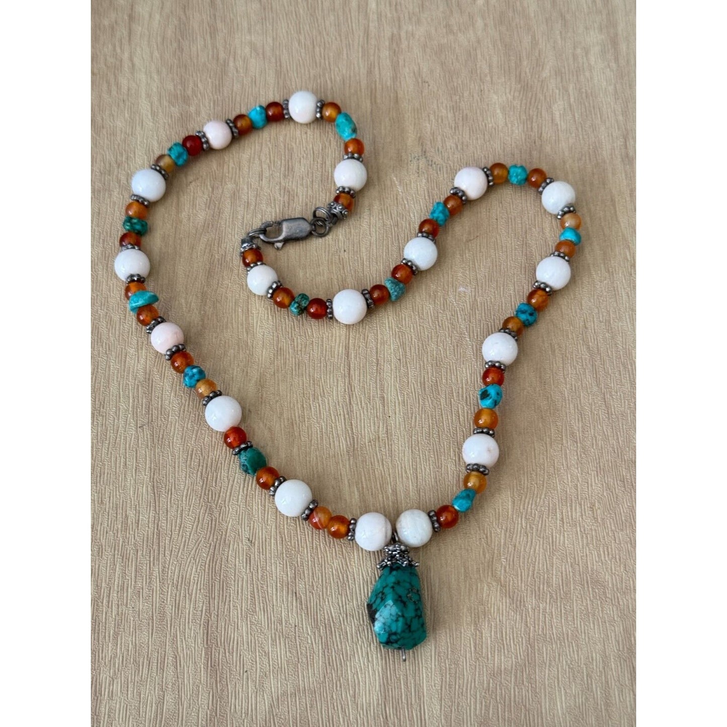 Vintage Long Beaded Necklace With Turquoise Pendant & Tiger Eye Beads