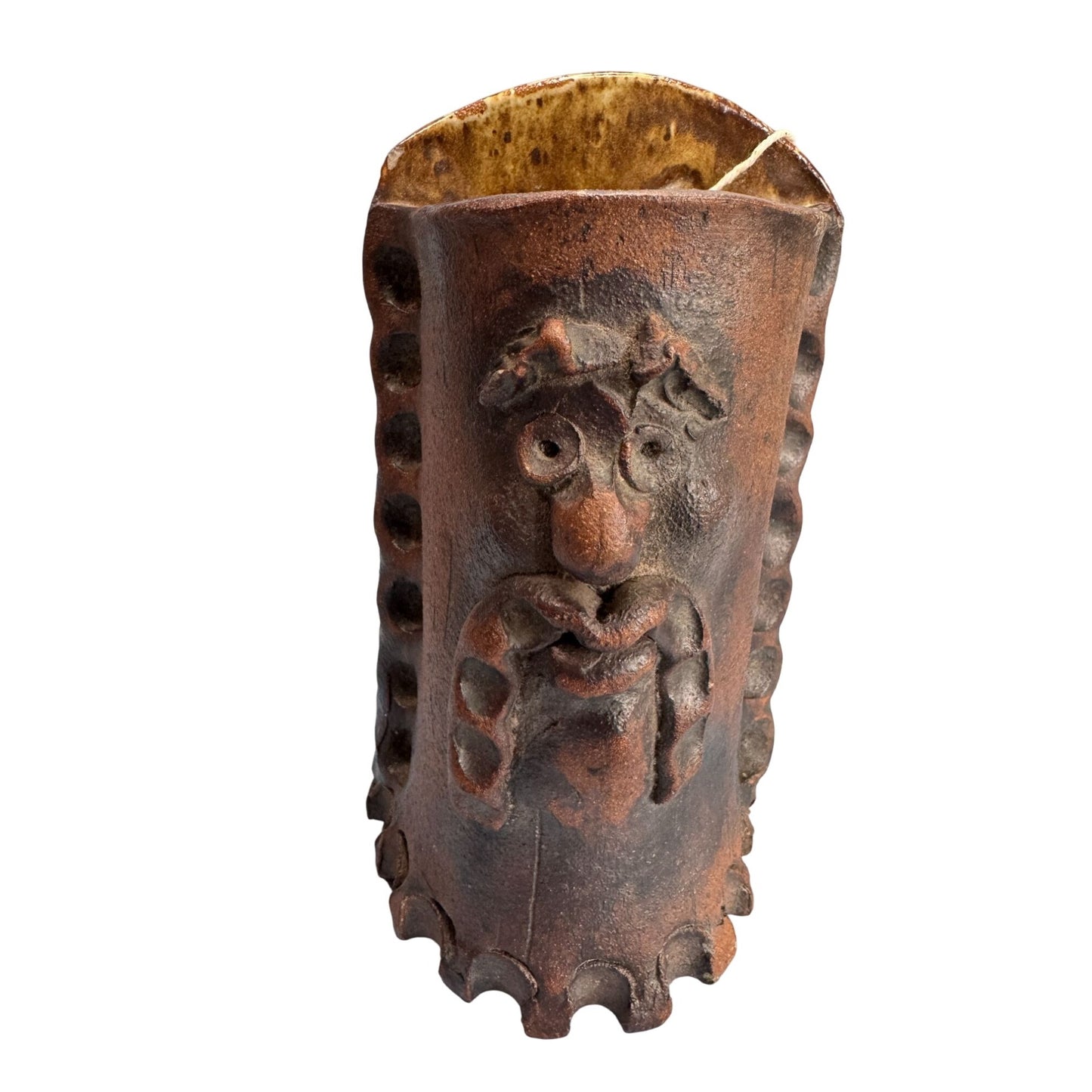 Studio Pottery Face Wall Pocket Vase Rustic Stoneware Folk Art Signed IC 9" Heavy