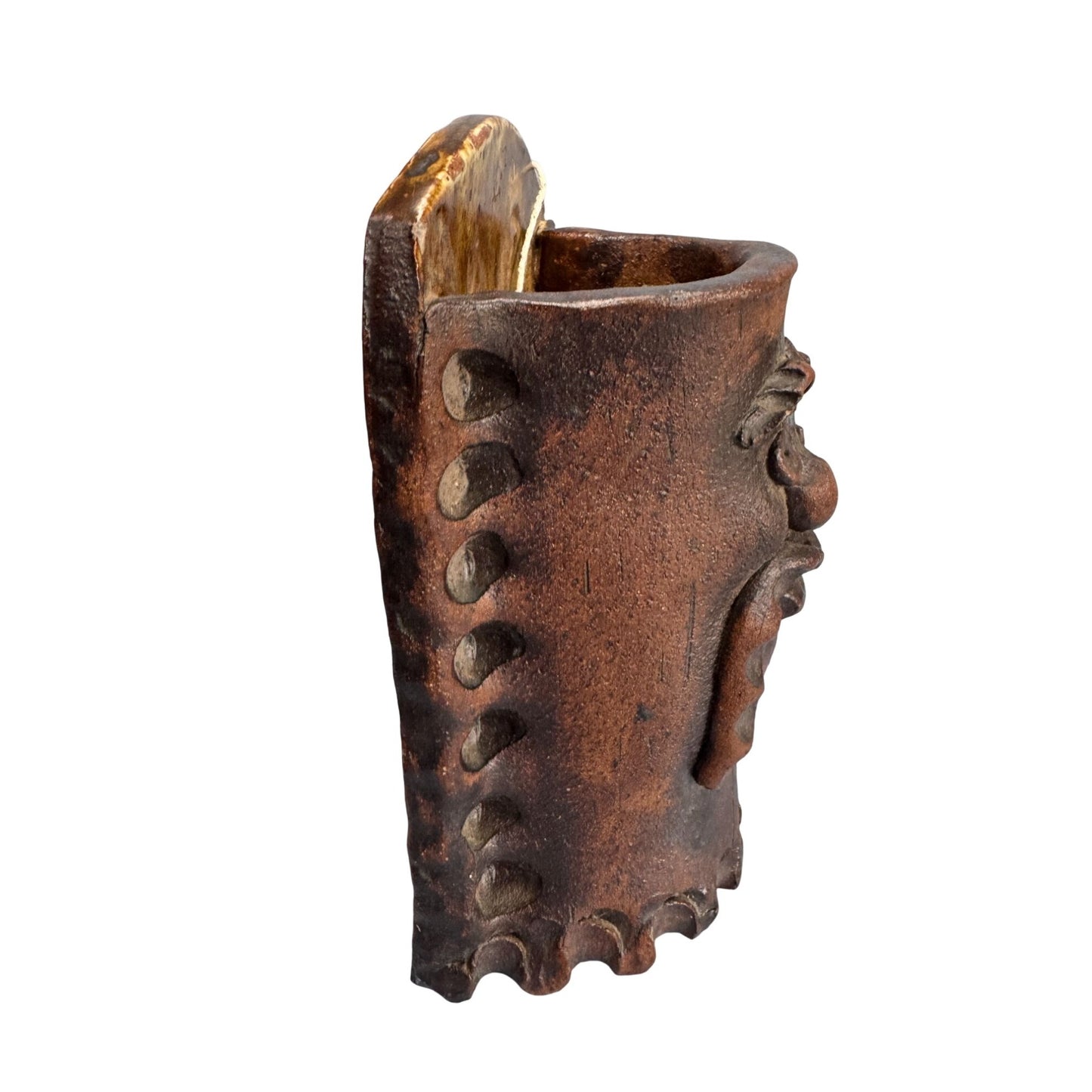 Studio Pottery Face Wall Pocket Vase Rustic Stoneware Folk Art Signed IC 9" Heavy