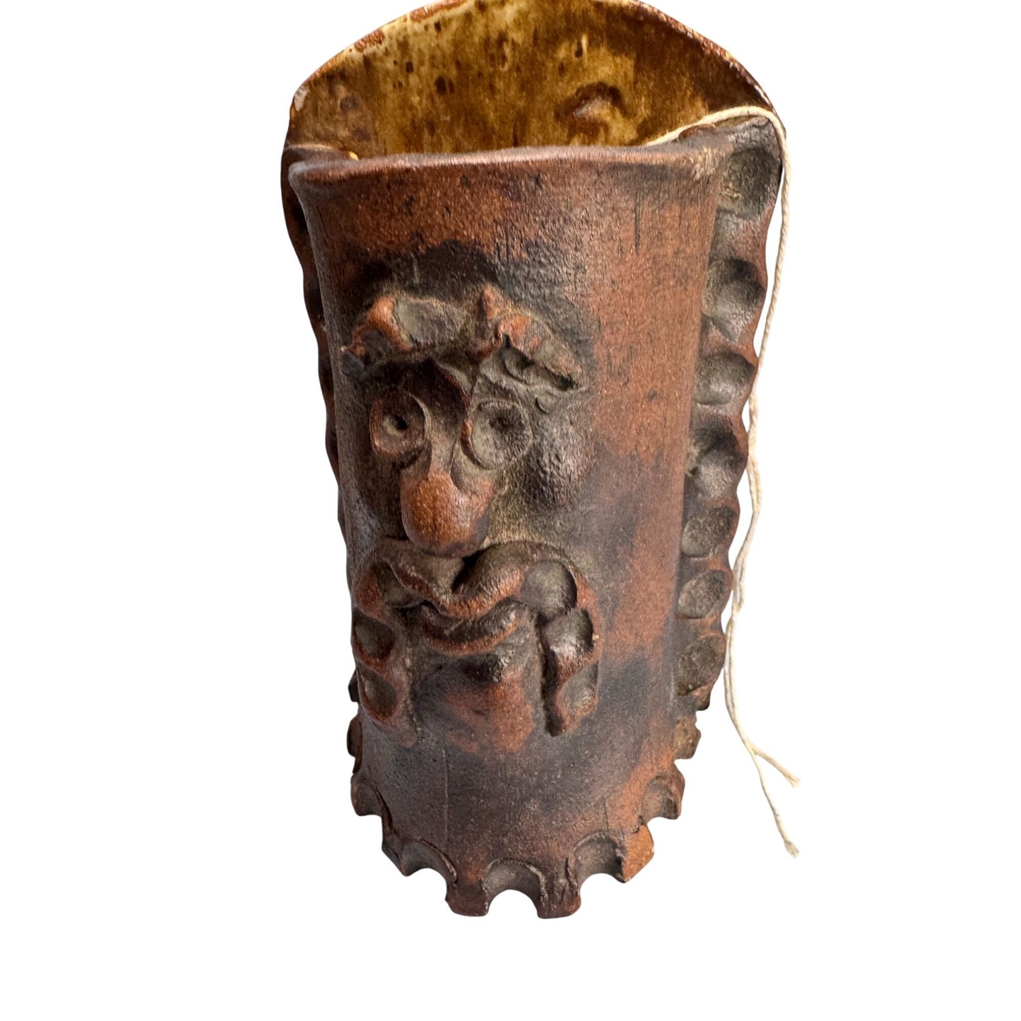 Studio Pottery Face Wall Pocket Vase Rustic Stoneware Folk Art Signed IC 9" Heavy