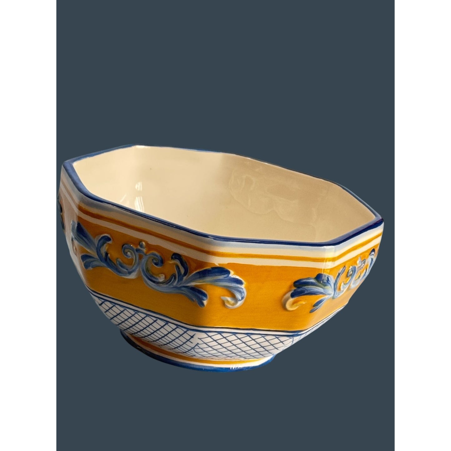 Fitz Floyd Ricamo Trattoria Octagonal Ceramic Bowl Yellow & Blue 6 1/4"
